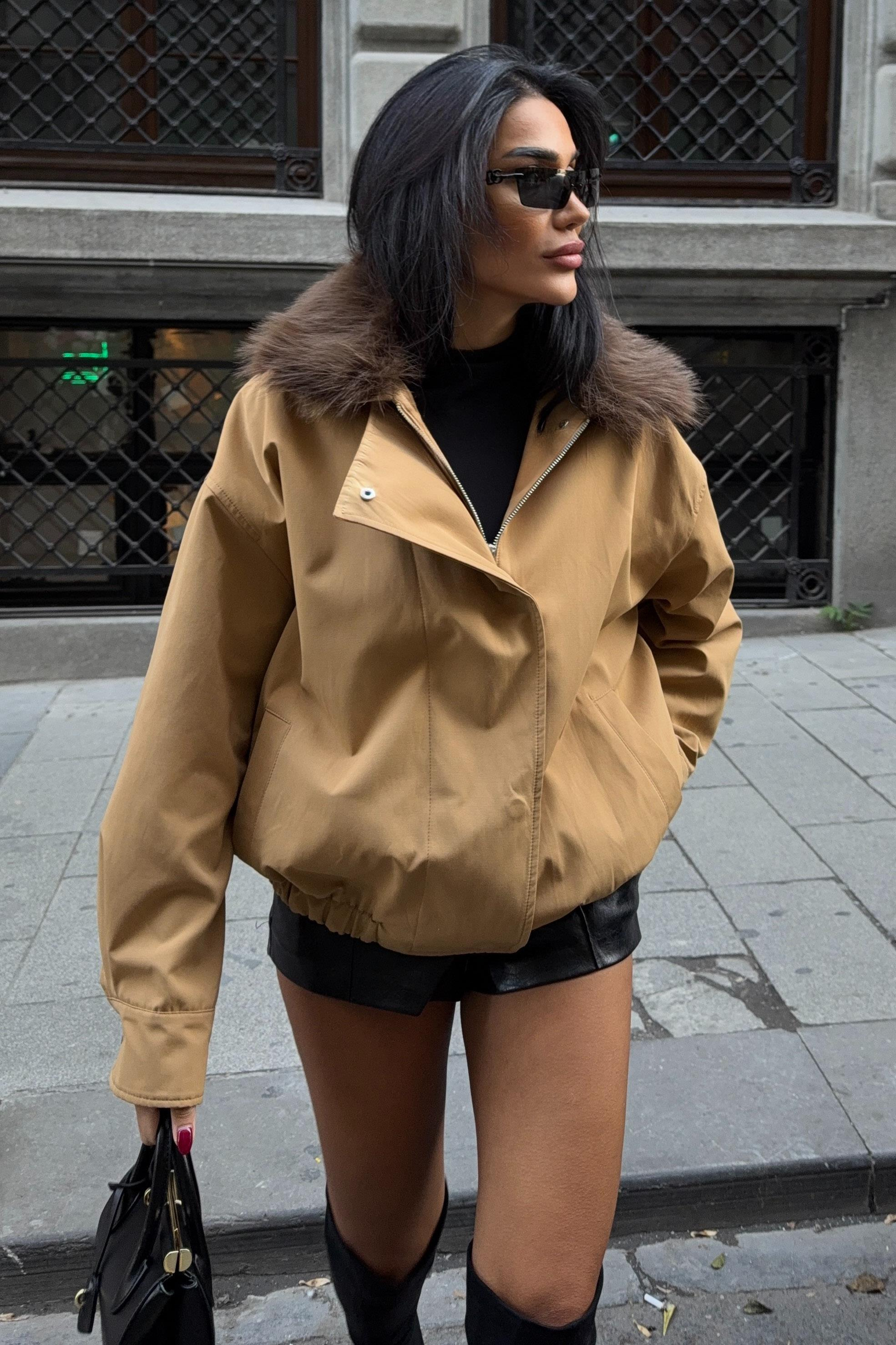 S6K6136Yakası Kürklü Parka Bomber Ceket 6136