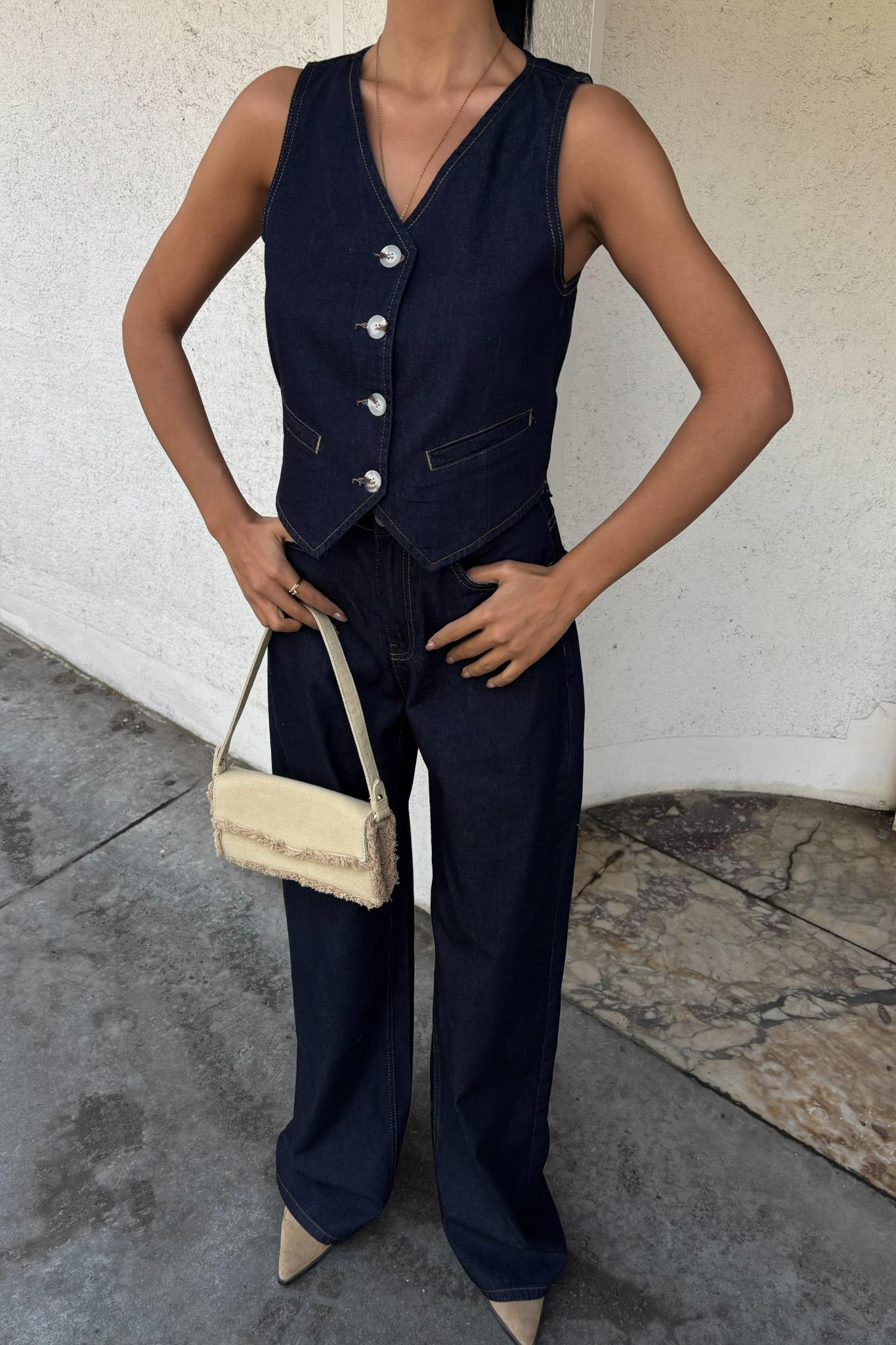 S5Y10104Yelek ve Palazzo Pantolonlu Denim Takım 10104