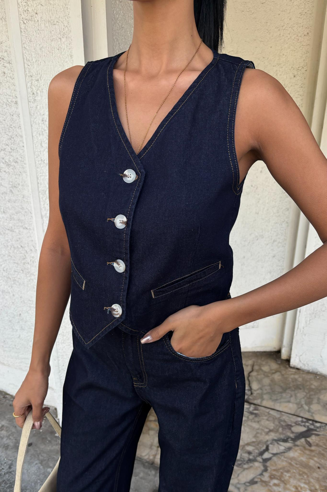 S5Y10104Yelek ve Palazzo Pantolonlu Denim Takım 10104