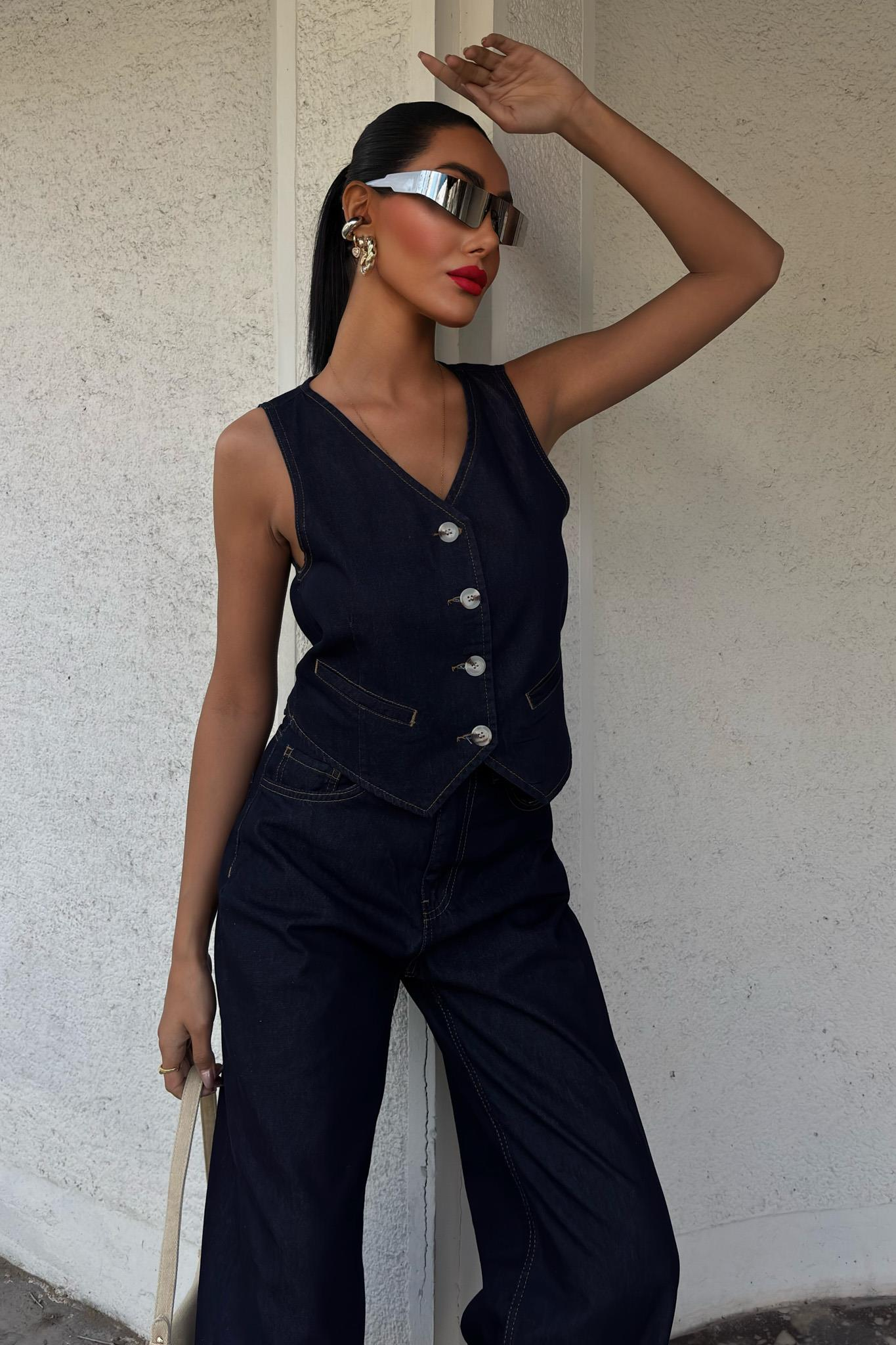 S5Y10104Yelek ve Palazzo Pantolonlu Denim Takım 10104