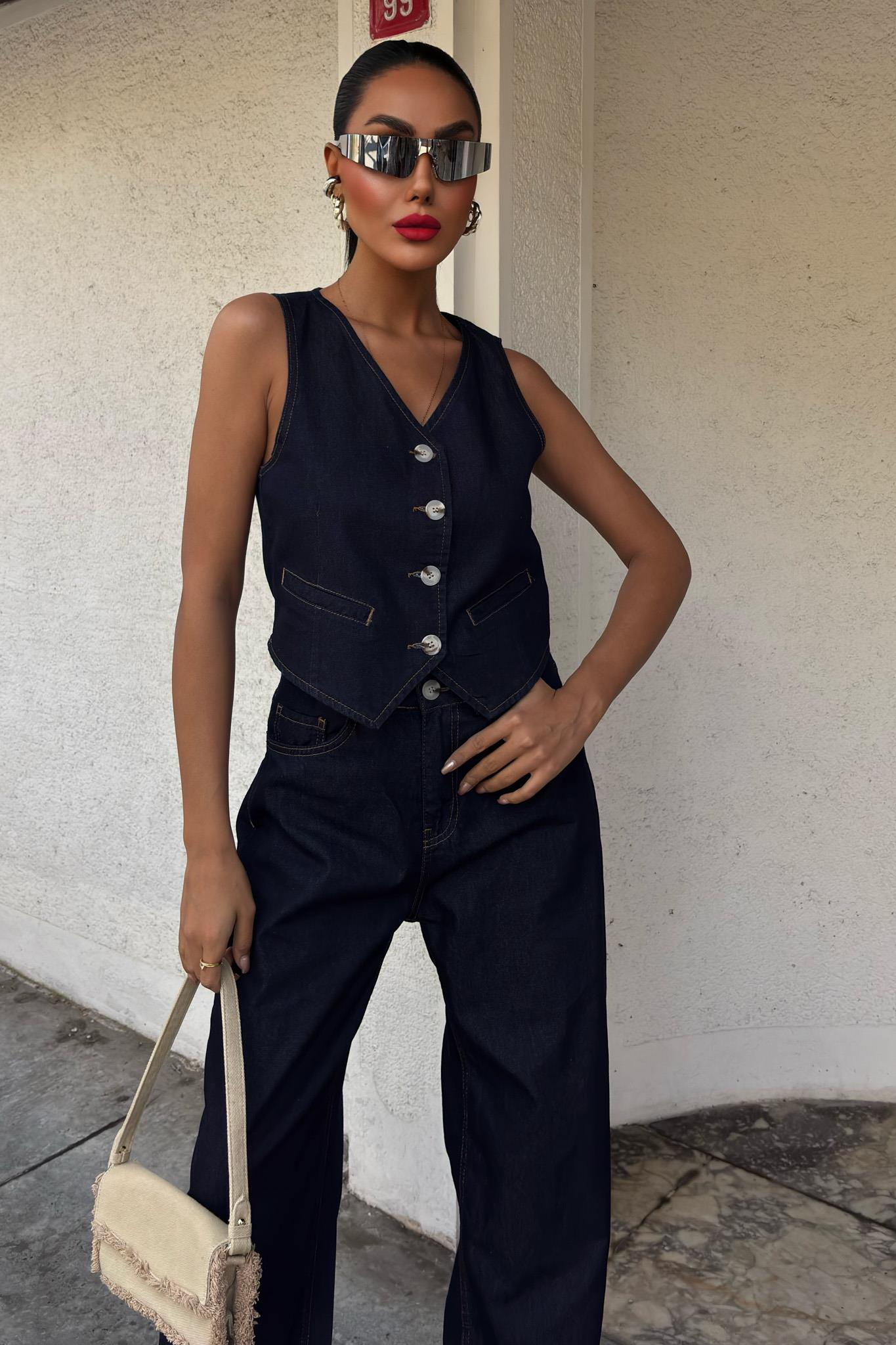 S5Y10104Yelek ve Palazzo Pantolonlu Denim Takım 10104