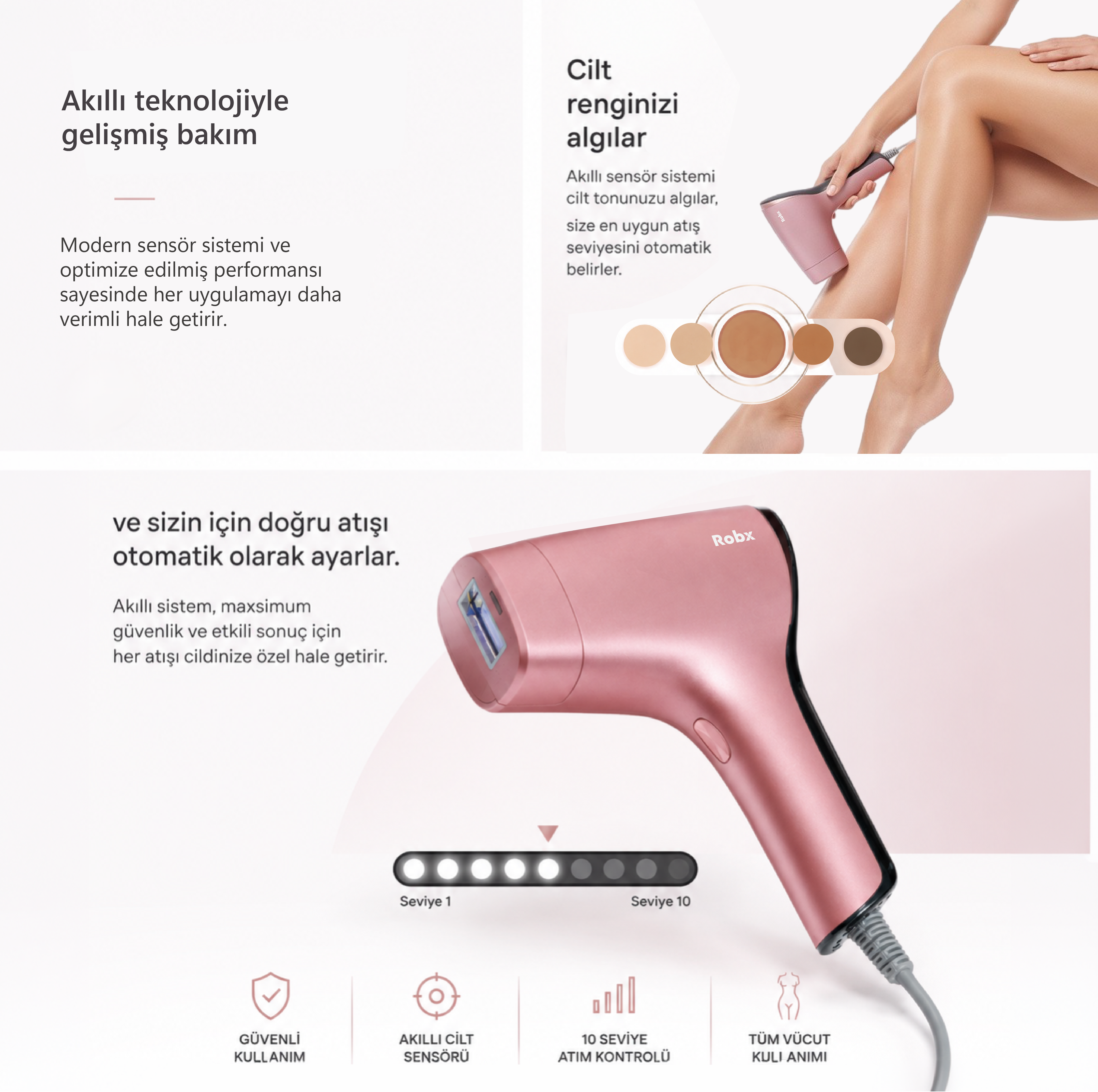 Robx A05 Ipl 3 Milyon Atım Akıllı Cilt Tanıma Ultra Seri Atım Ipl Cihazı Pembe