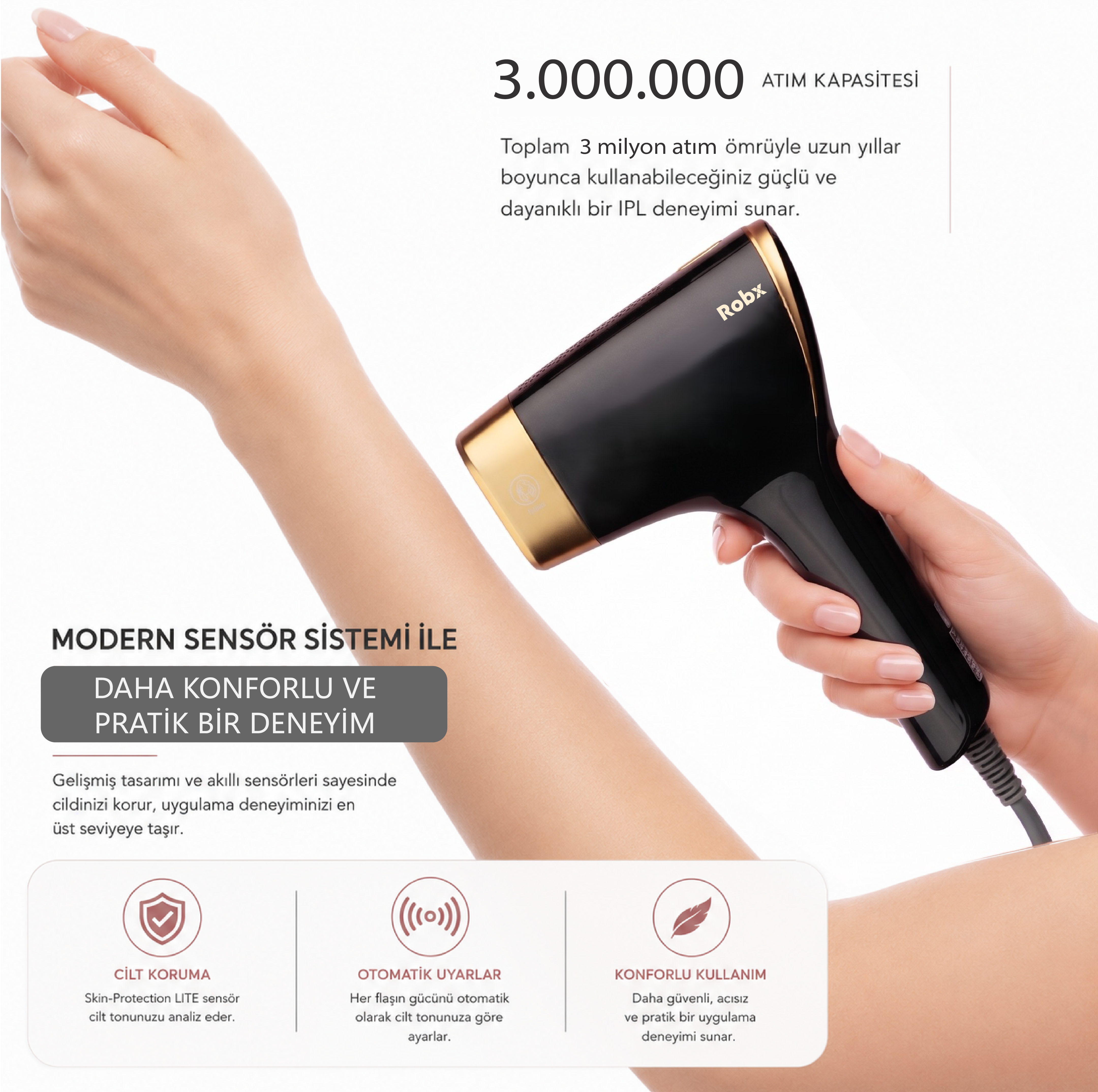 Robx A05 Ipl 3 Milyon Atım Akıllı Cilt Tanıma Ultra Seri Atım Ipl Cihazı Siyah