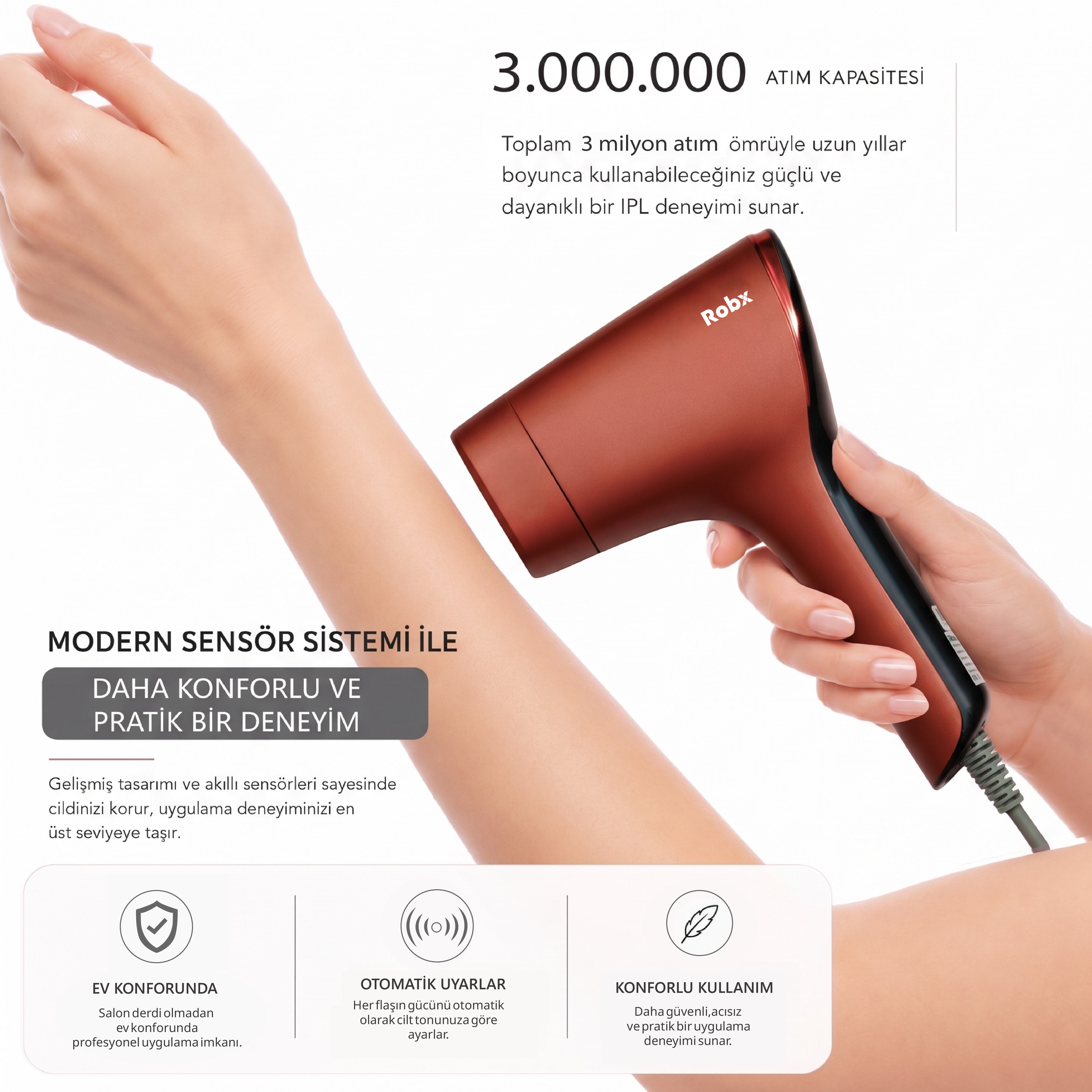 Robx A05 Ipl 3 Milyon Atım Akıllı Cilt Tanıma Ultra Seri Atım Ipl Cihazı Kırmızı