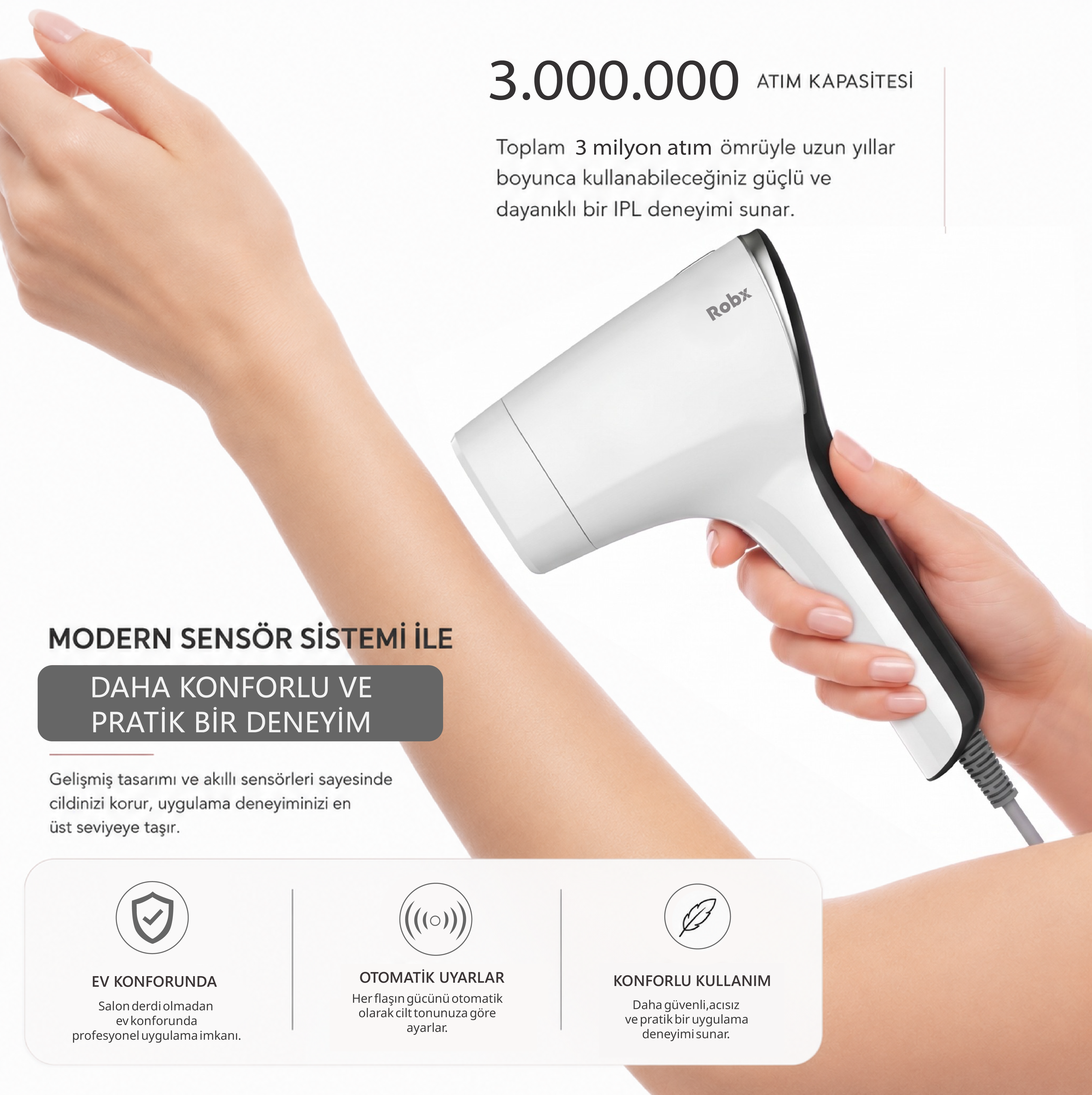 Robx A05 Ipl 3 Milyon Atım Akıllı Cilt Tanıma Ultra Seri Atım Ipl Cihazı Beyaz