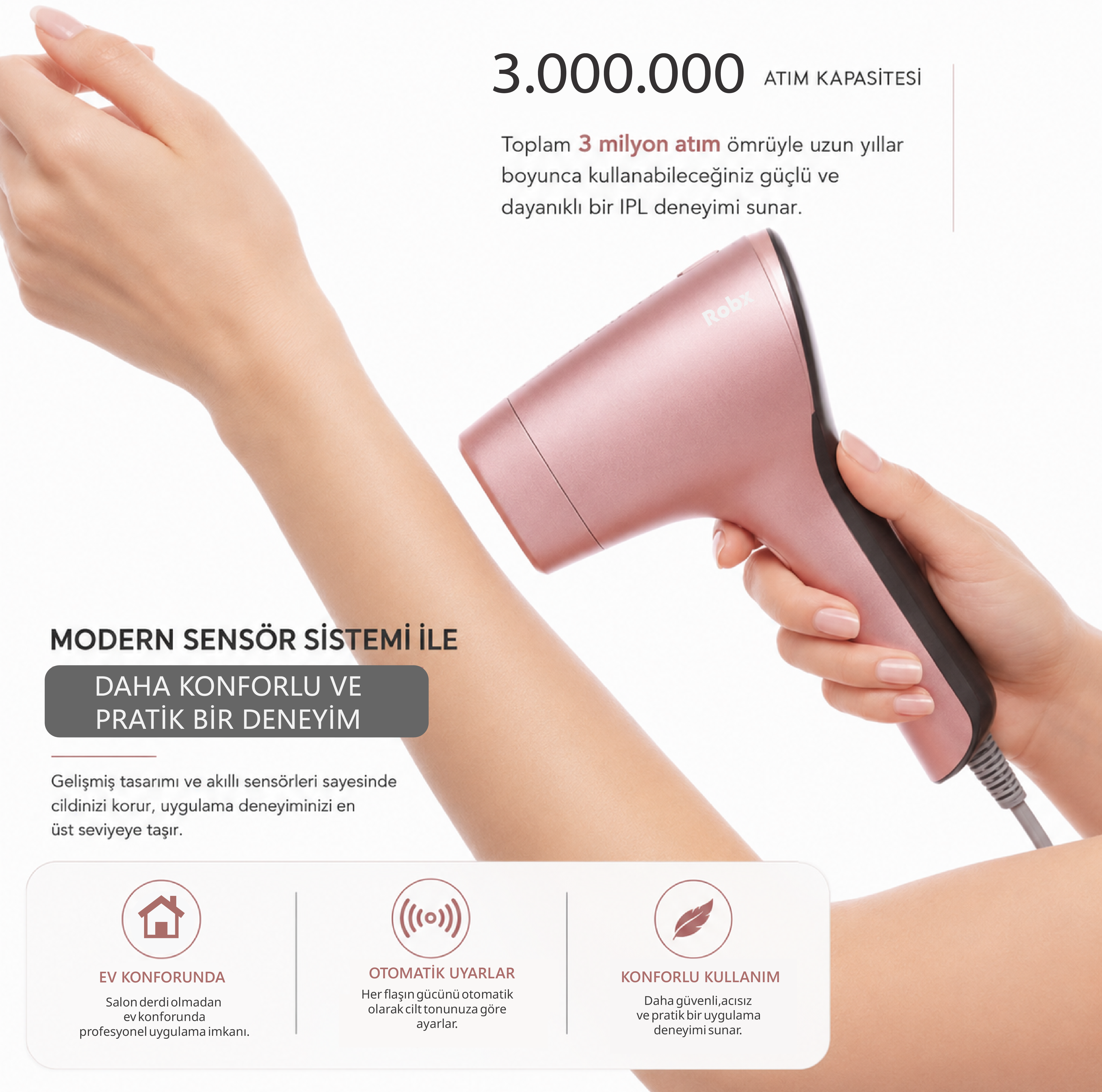 Robx A05 Ipl 3 Milyon Atım Akıllı Cilt Tanıma Ultra Seri Atım Ipl Cihazı Pembe