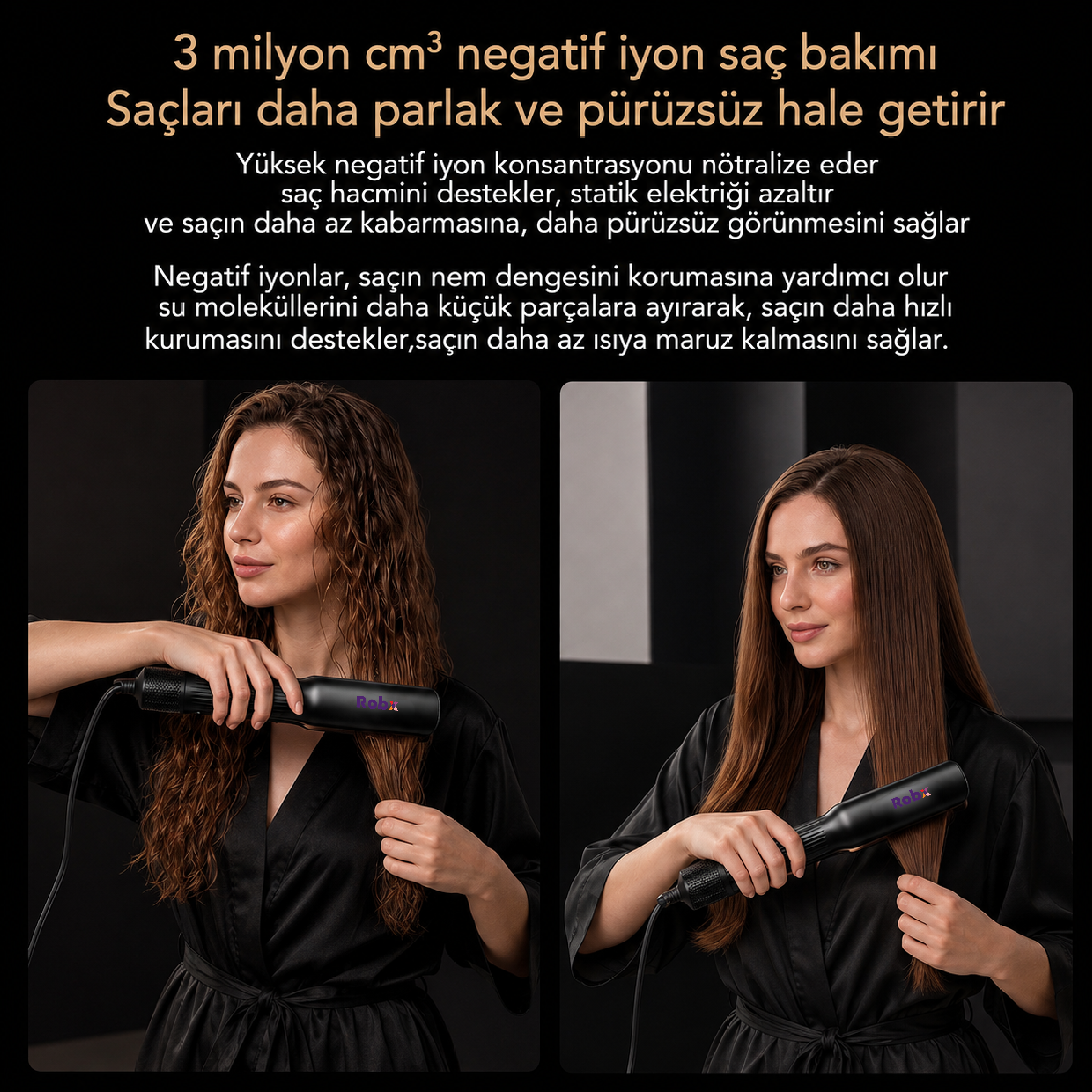 Robx Airflow Islak Ve Kuru Hava Üflemeli Saç Düzleştirici Siyah