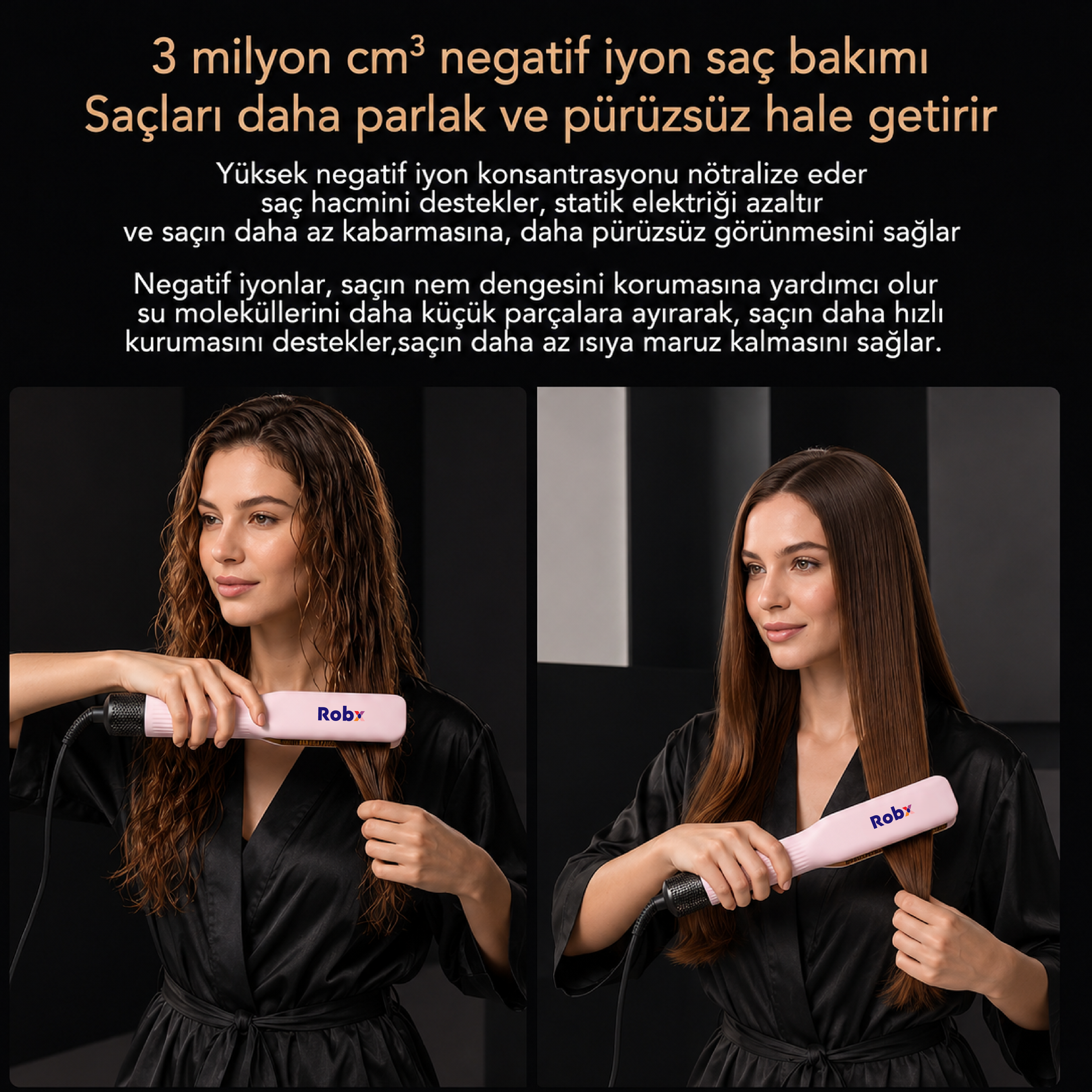 Robx Airflow Islak Ve Kuru Hava Üflemeli Saç Düzleştirici Pembe 