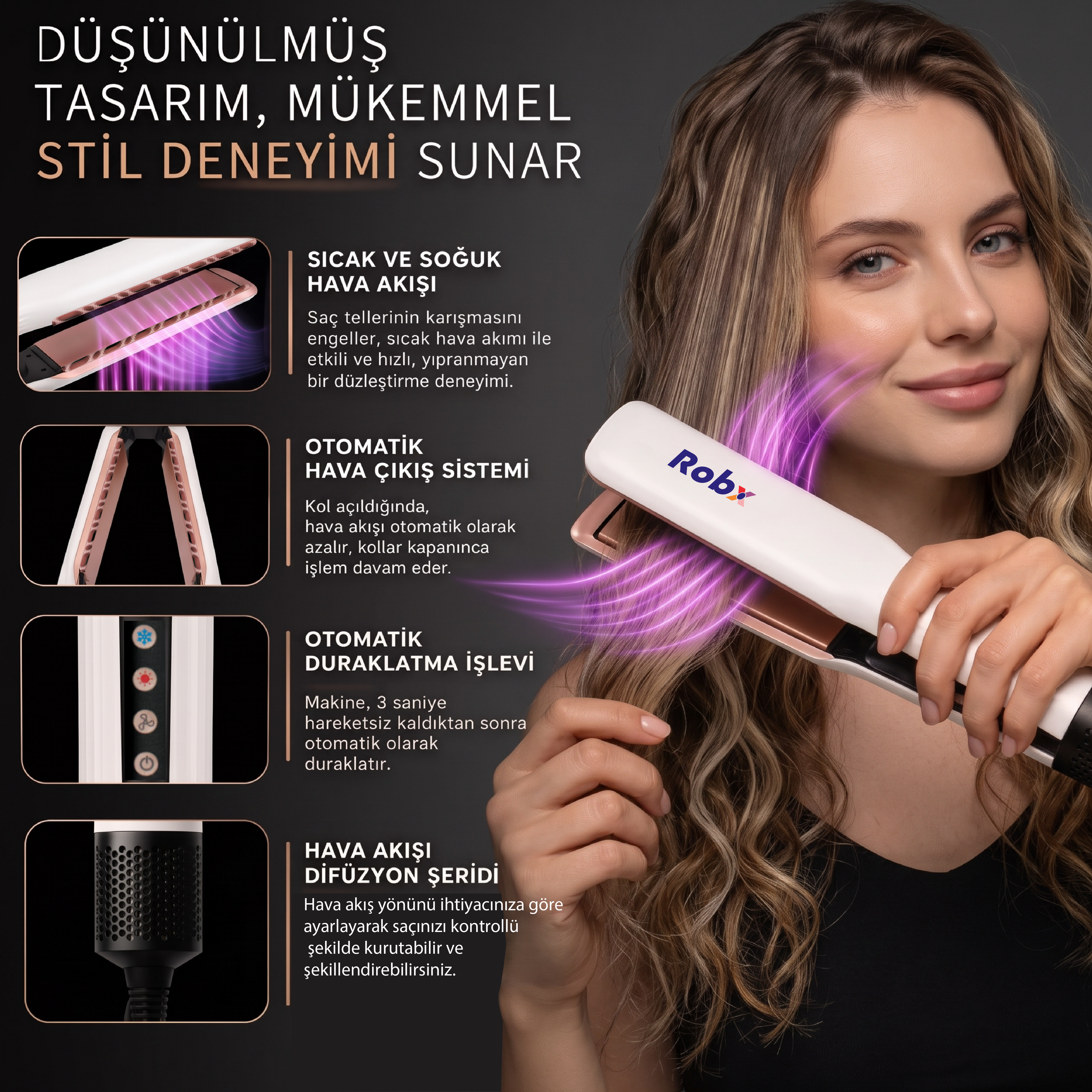 Robx Airflow Islak Ve Kuru Hava Üflemeli Saç Düzleştirici Beyaz