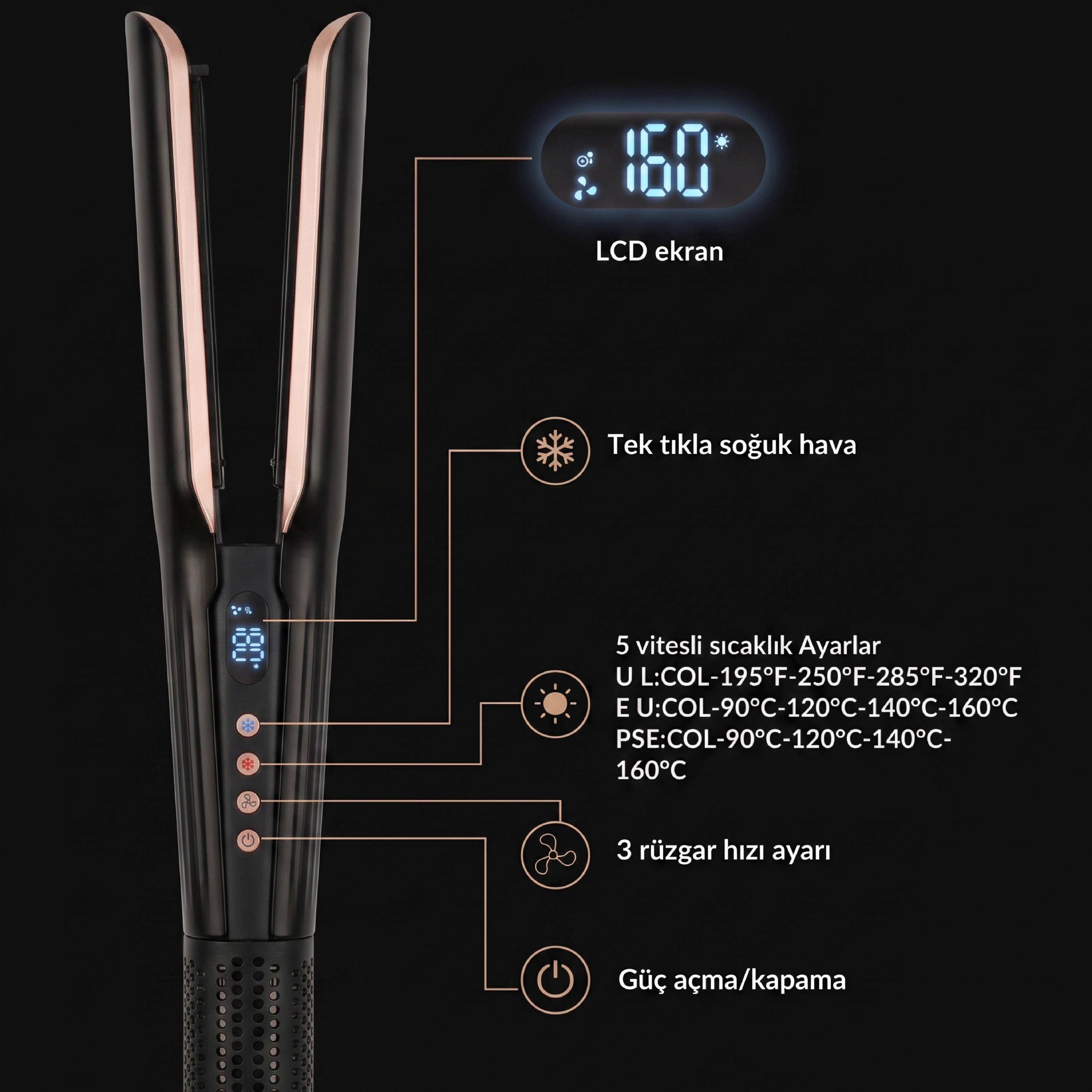 Robx Airflow Islak Ve Kuru Hava Üflemeli Saç Düzleştirici Siyah