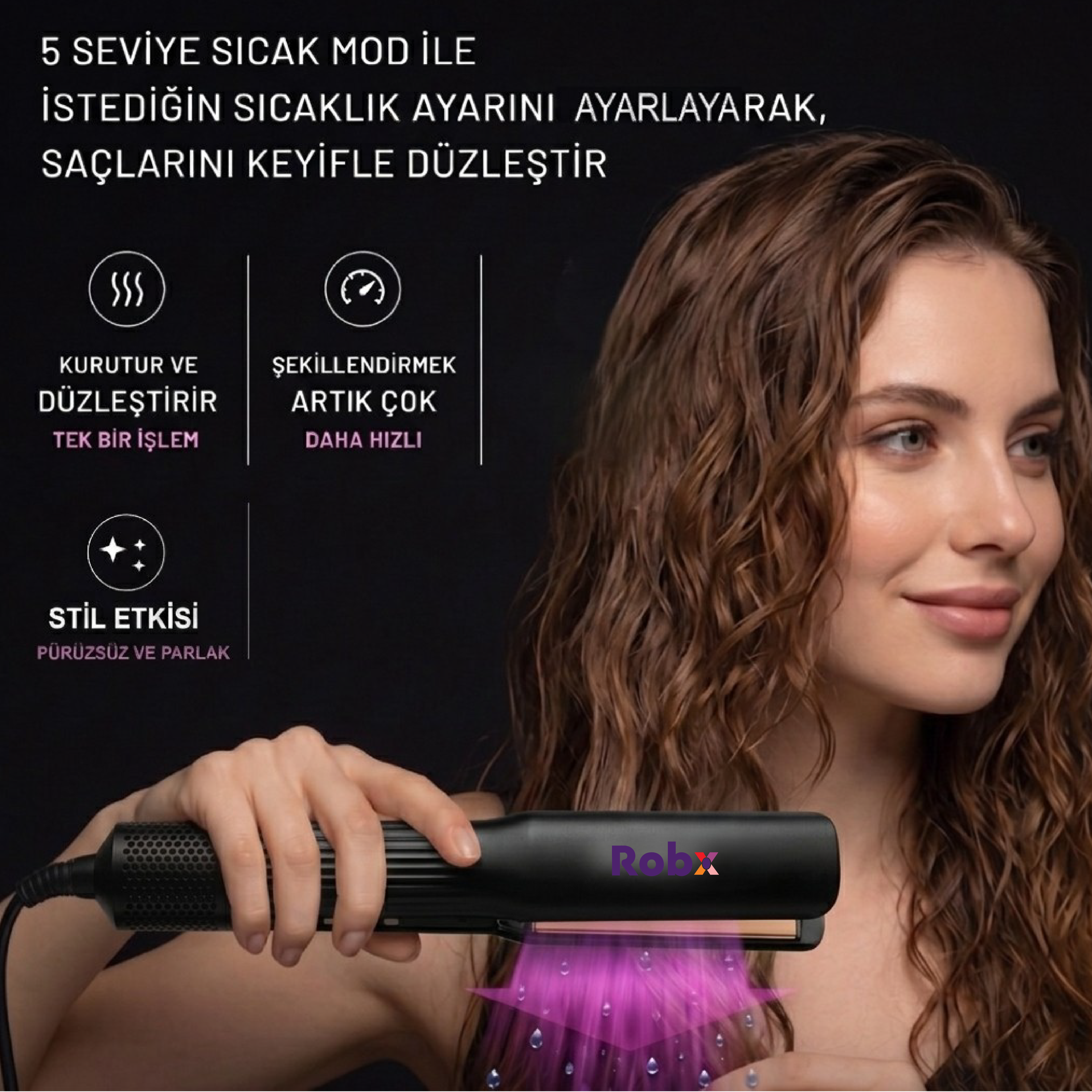 Robx Airflow Islak Ve Kuru Hava Üflemeli Saç Düzleştirici Siyah