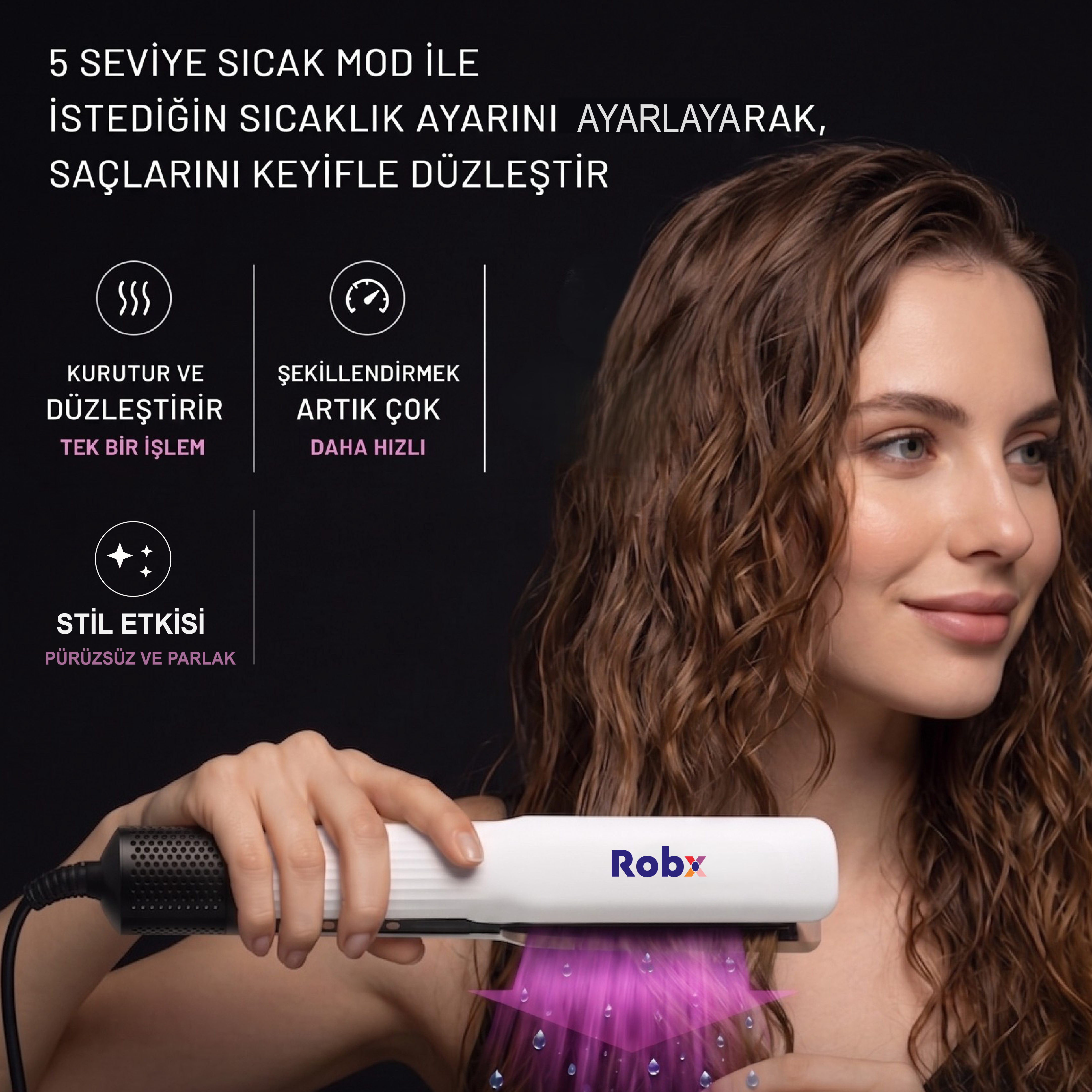 Robx Airflow Islak Ve Kuru Hava Üflemeli Saç Düzleştirici Beyaz