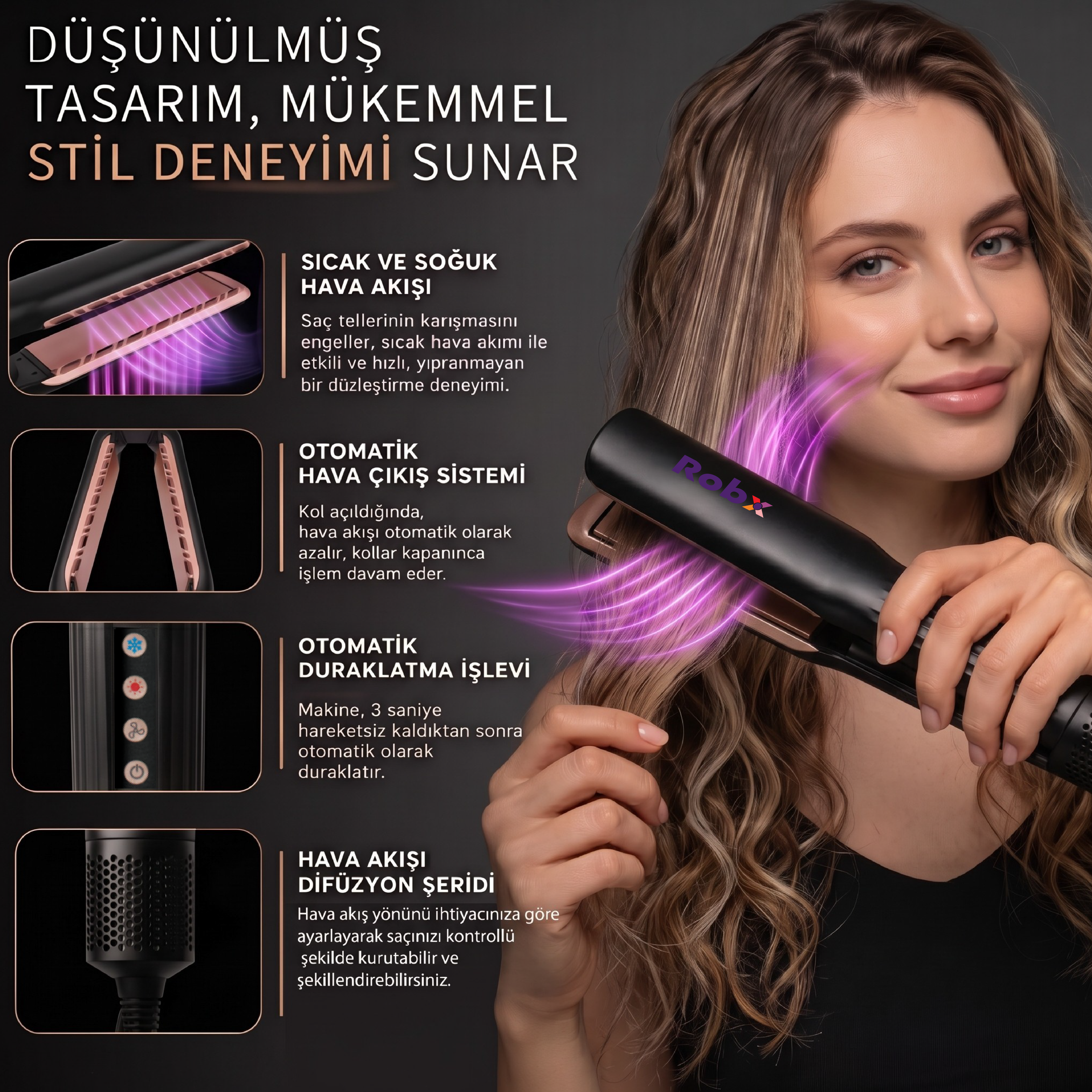 Robx Airflow Islak Ve Kuru Hava Üflemeli Saç Düzleştirici Siyah
