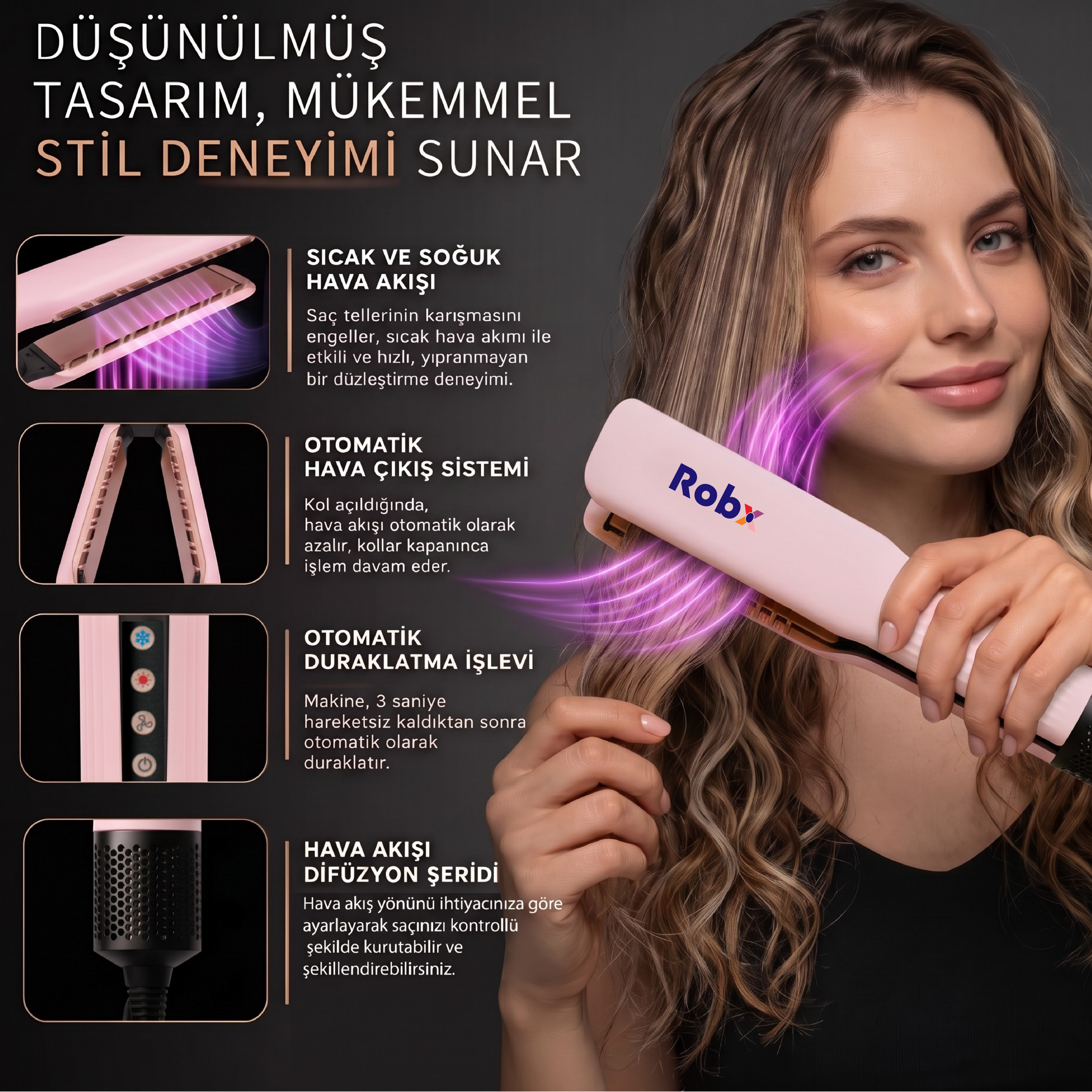 Robx Airflow Islak Ve Kuru Hava Üflemeli Saç Düzleştirici Pembe 