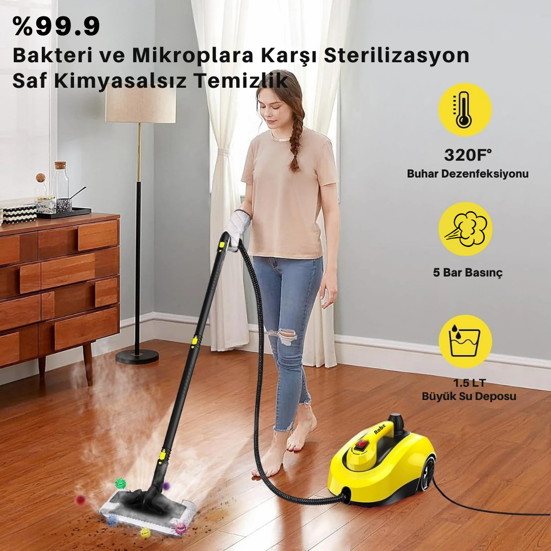 Robx S608 Yeni Nesil Çok Fonksiyonlu 28 Adet Aksesur 5 Metre Kablolu Buharlı Temizlik Makinesi