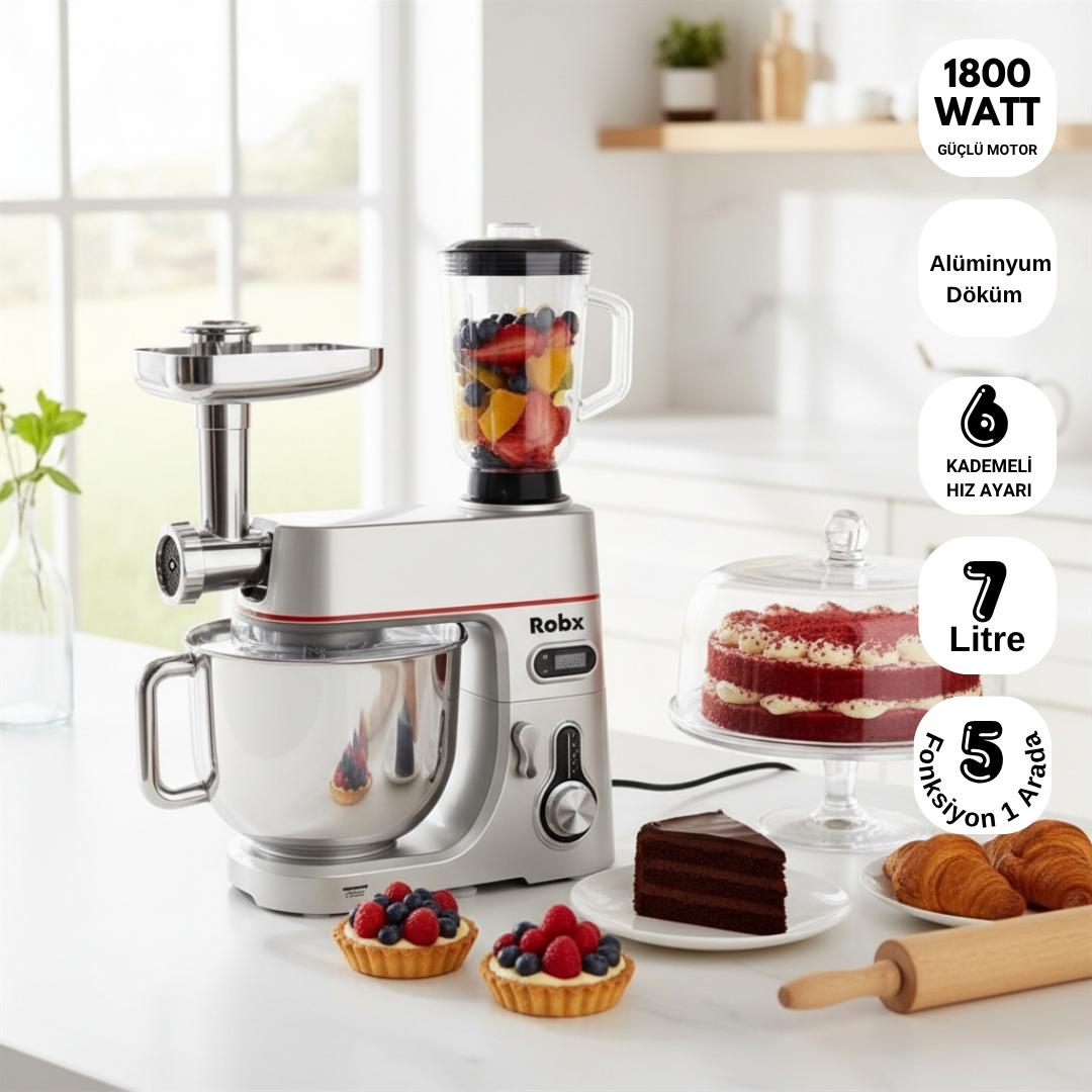 Robx Sr50 Döküm Gövde 7 Litre Hamur Yoğurma Kıyma Çekme Blender Mixer Set