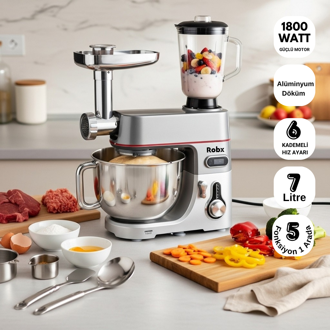 Robx Sr50 Döküm Gövde 7 Litre Hamur Yoğurma Kıyma Çekme Blender Mixer Set