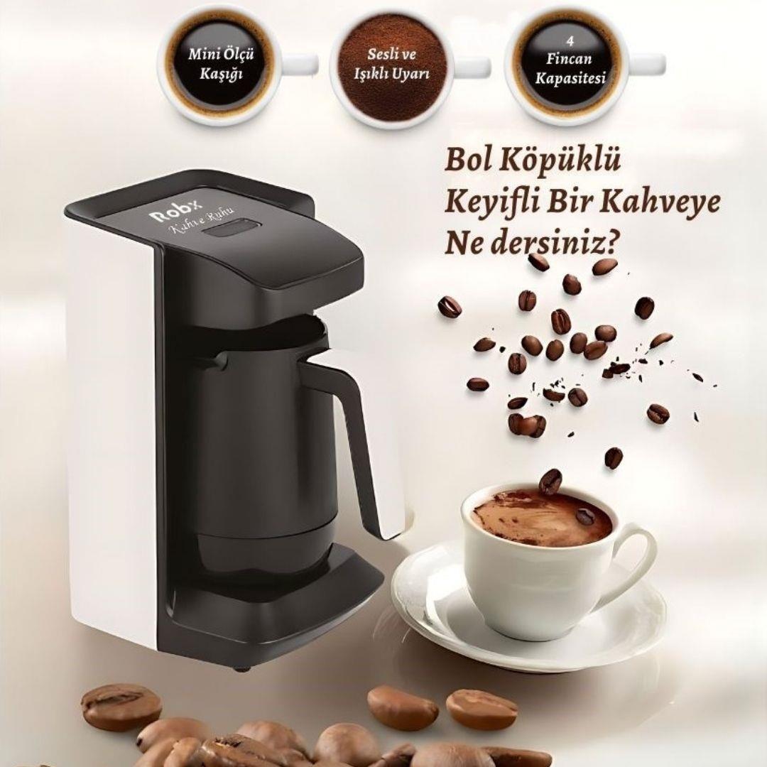 Robx T-05 Kahve Ruhu Bol Köpüklü 4 Fincan Kapasite Tam Otomatik Türk Kahve Makinesi Beyaz