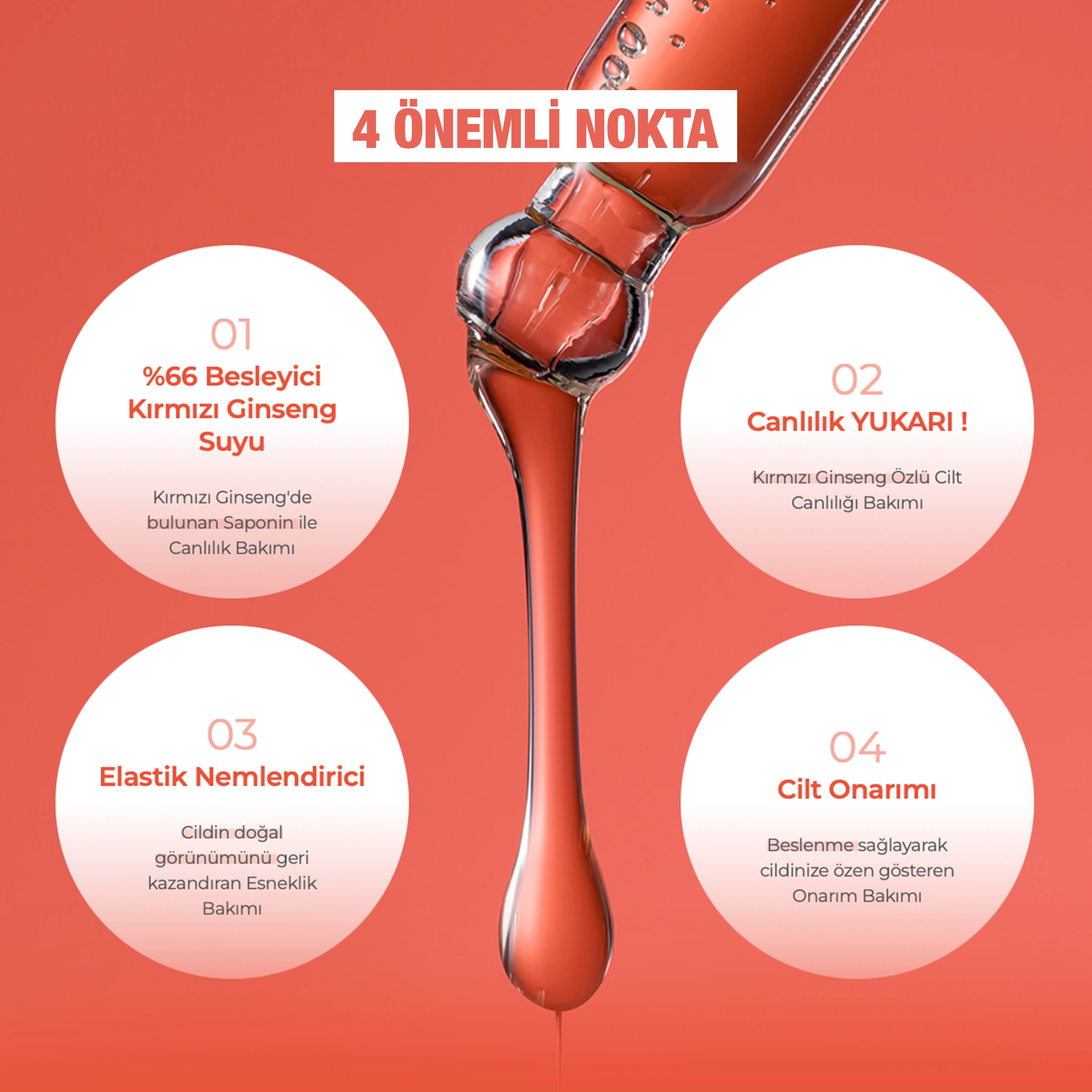 %66 Kırmızı Ginseng İçeren Onarıcı, Canlandırıcı, Yaşlanma Karşıtı ve Dolgunlaştırıcı Serum 30ml