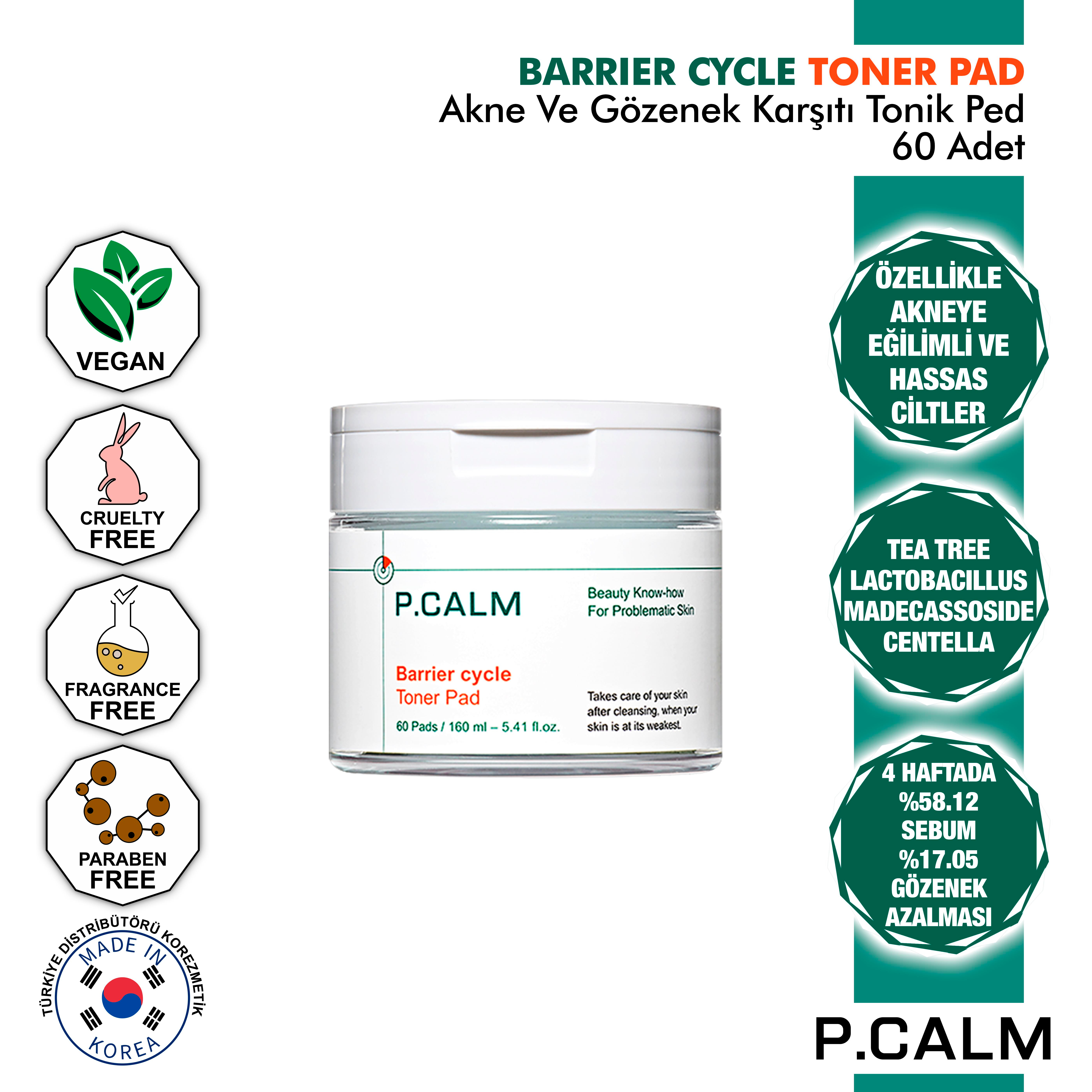 Adenosine, Bifida, Çay Ağacı, Centella Ve Lactobacillus İçeren, Akne, Siyah Nokta Ve Gözenek Karşıtı Barrier Cycle Tonikli Ped 60Adet