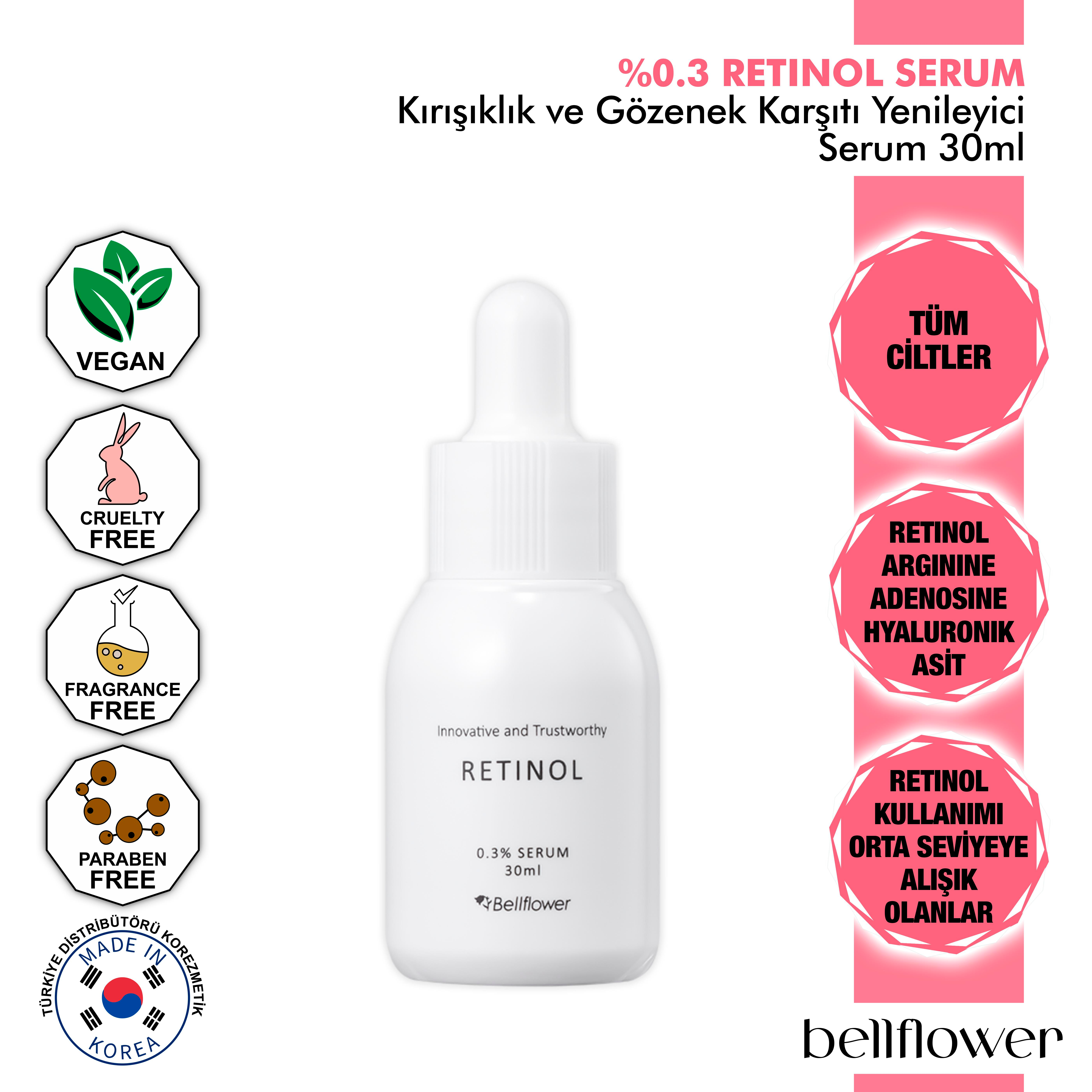 BELLFLOWER %0.3 RETİNOL İÇEREN KIRIŞIKLIK VE GÖZENEK KARŞITI, YENİLEYİCİ SERUM 30ml