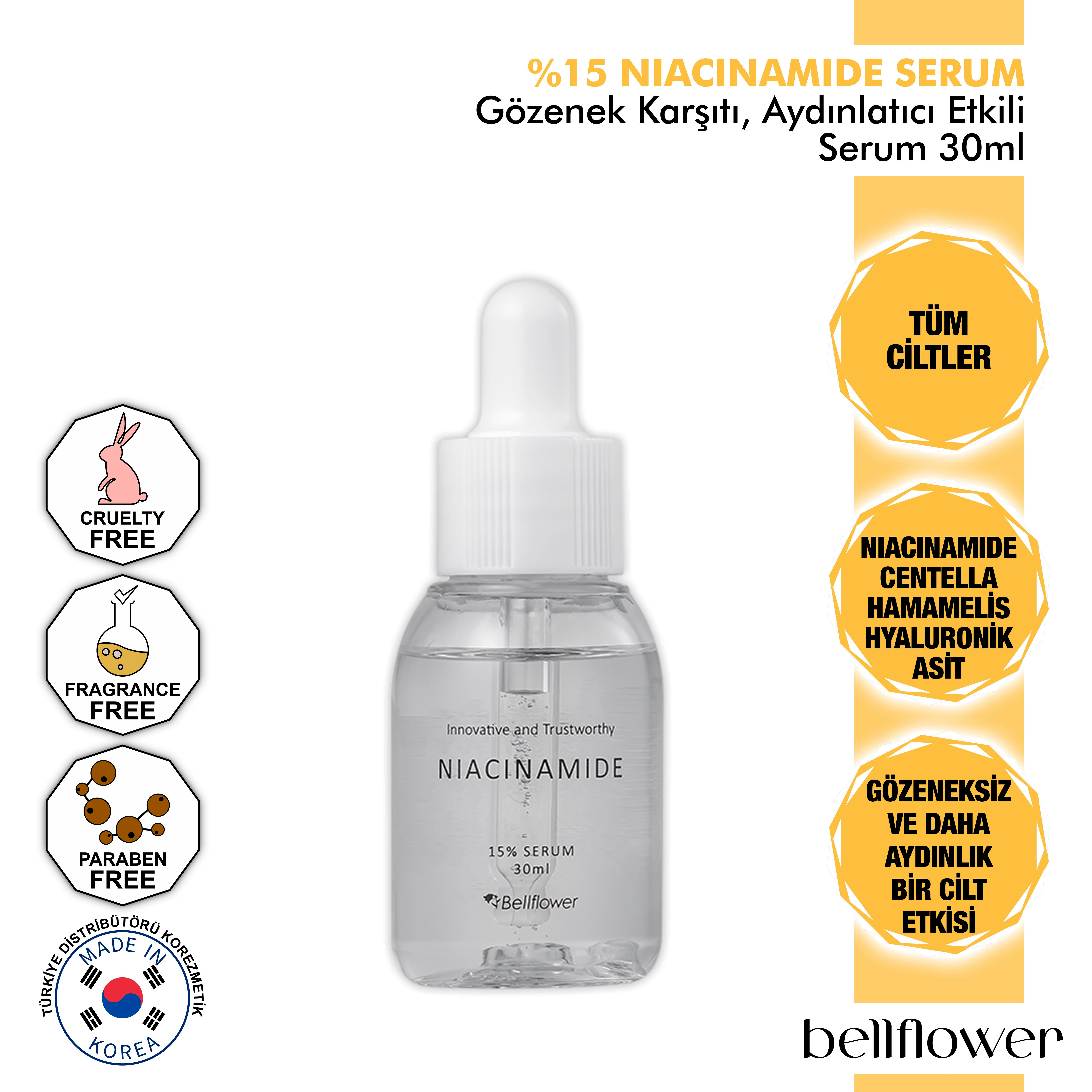 BELLFLOWER %15 NIACINAMIDE VE CENTELLA İÇEREN GÖZENEK KARŞITI AYDINLATICI ETKİLİ SERUM 30ml