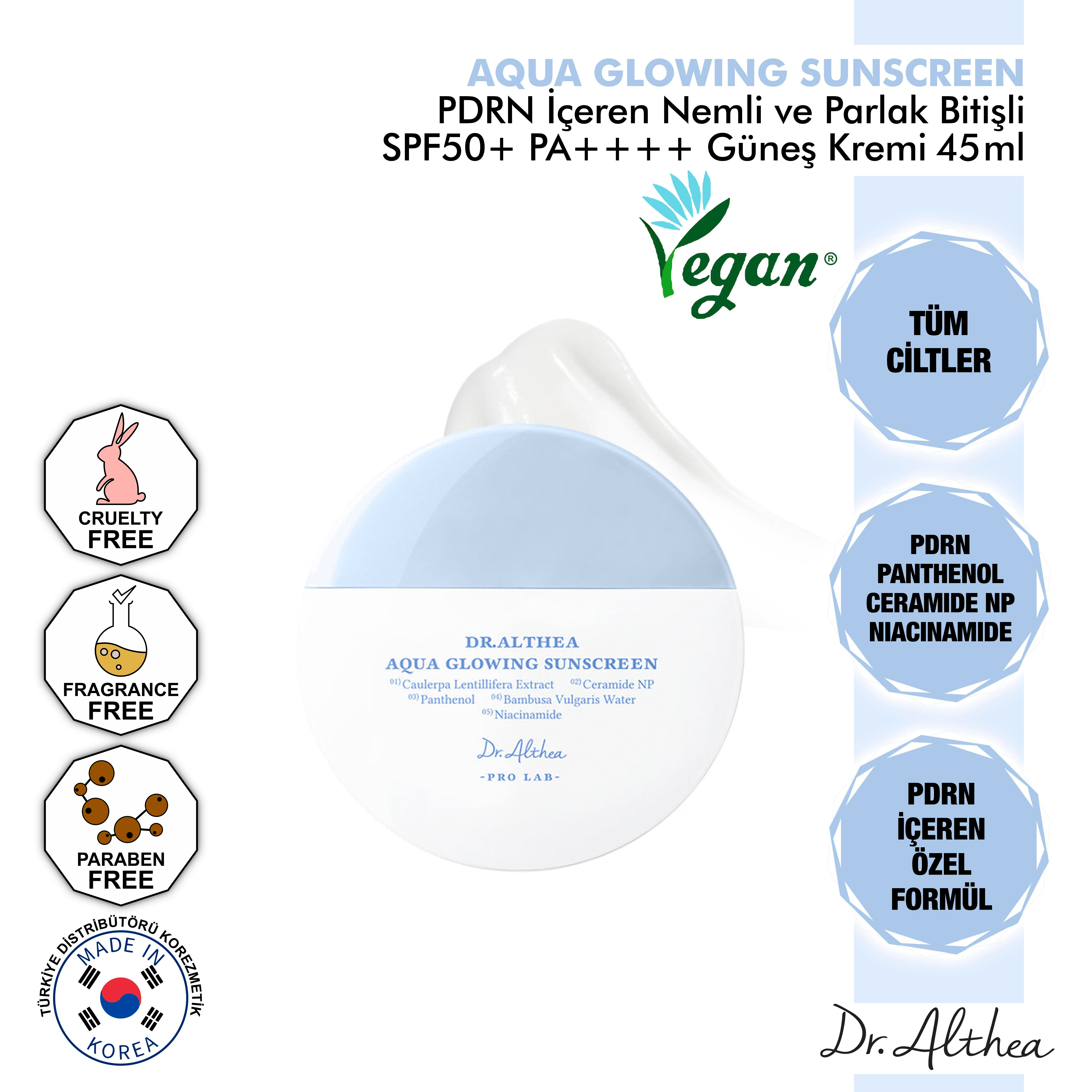 Dr. Althea PDRN İçeren Nemli ve Parlak Bitişli Aqua Glowing Güneş Kremi Spf50+ Pa++++ 45ml