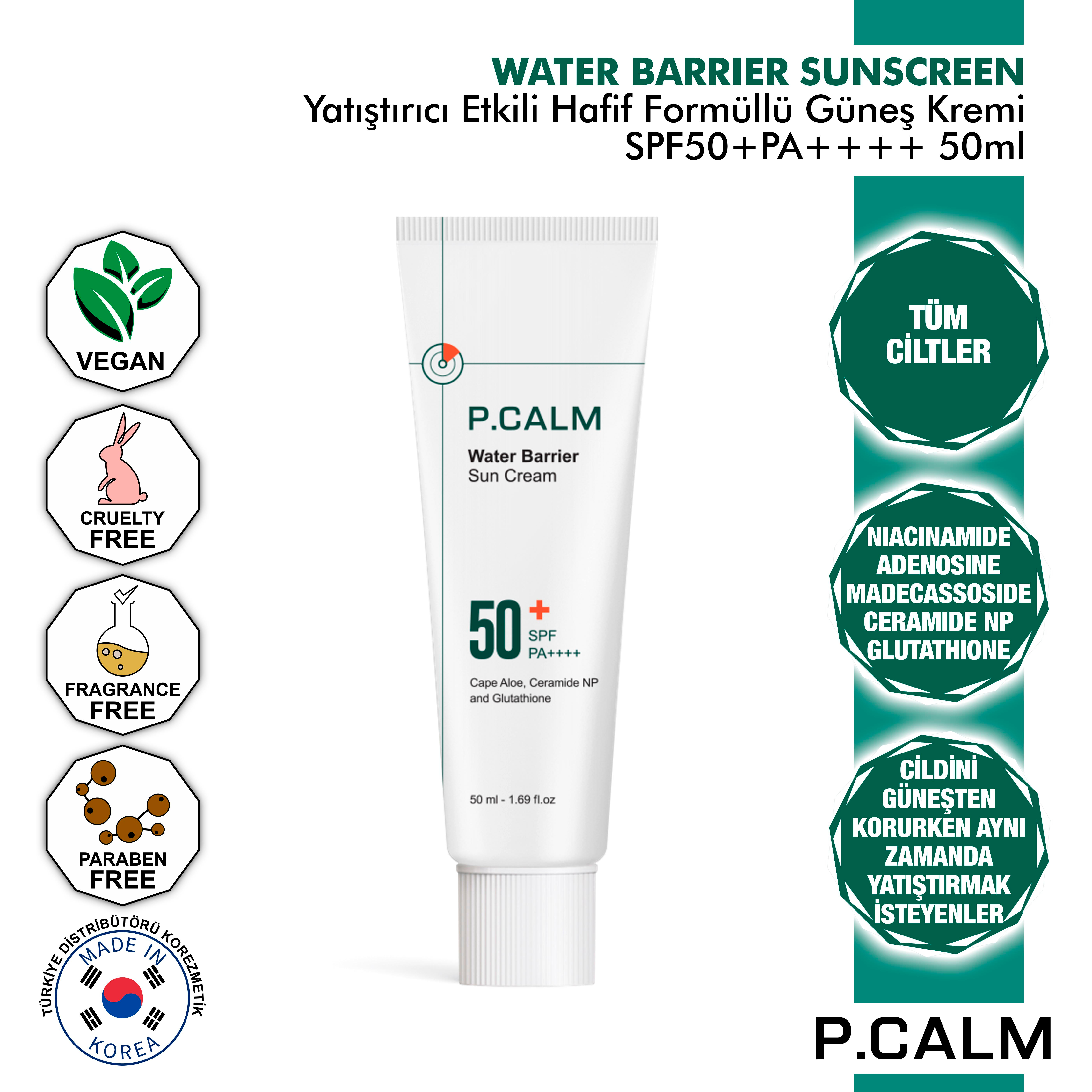P.Calm Niacinamide ve Madecassoside içeren Yatıştırıcı Etkili Hafif Formüllü Water Barrier Güneş Kremi Spf50+ Pa++++ 50ml