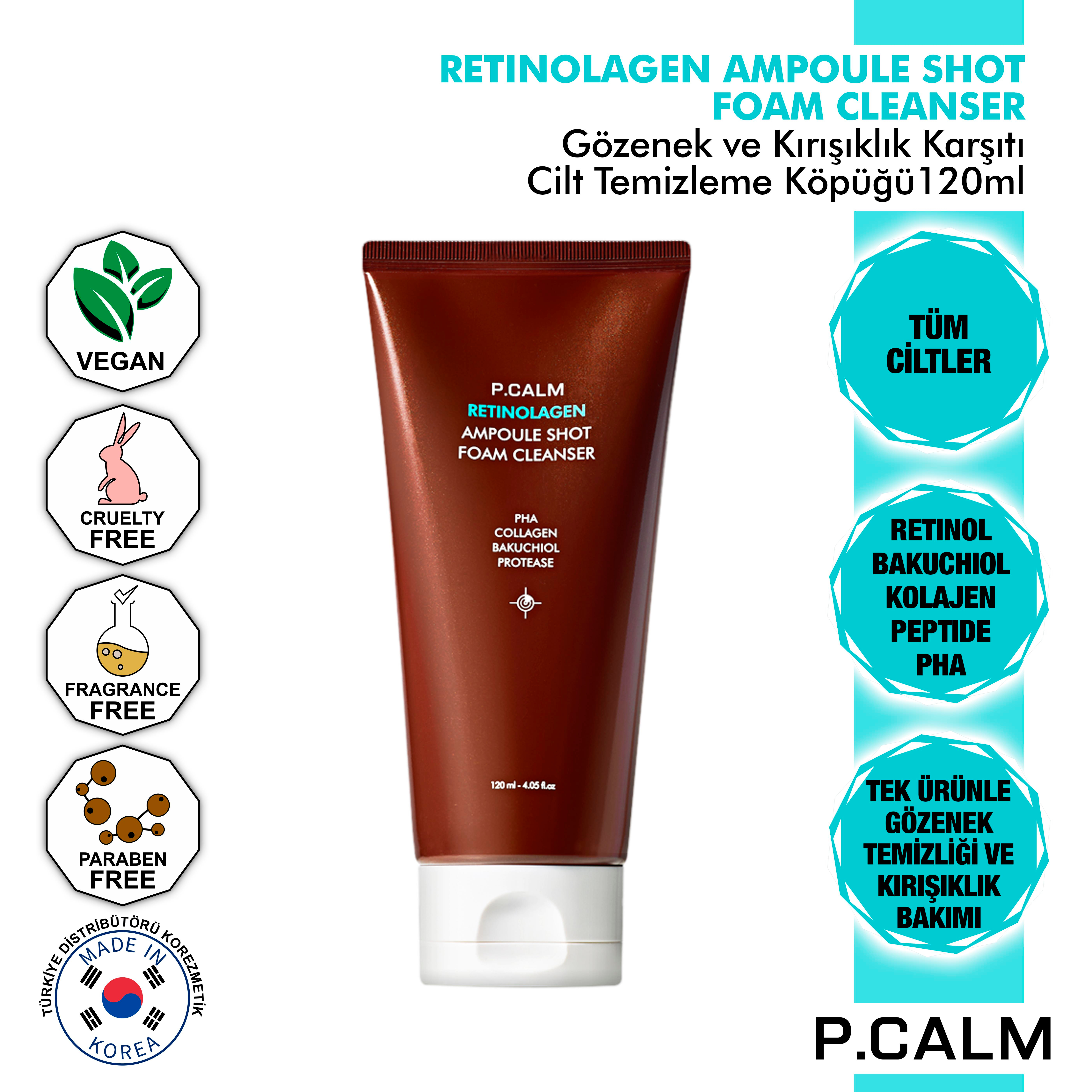 P.Calm Bakuchiol, Retinol ve Kolajen içeren Gözenek ve Kırışıklık Karşıtı Retinolagen Yüz Temizleme Köpüğü - 120ml 
