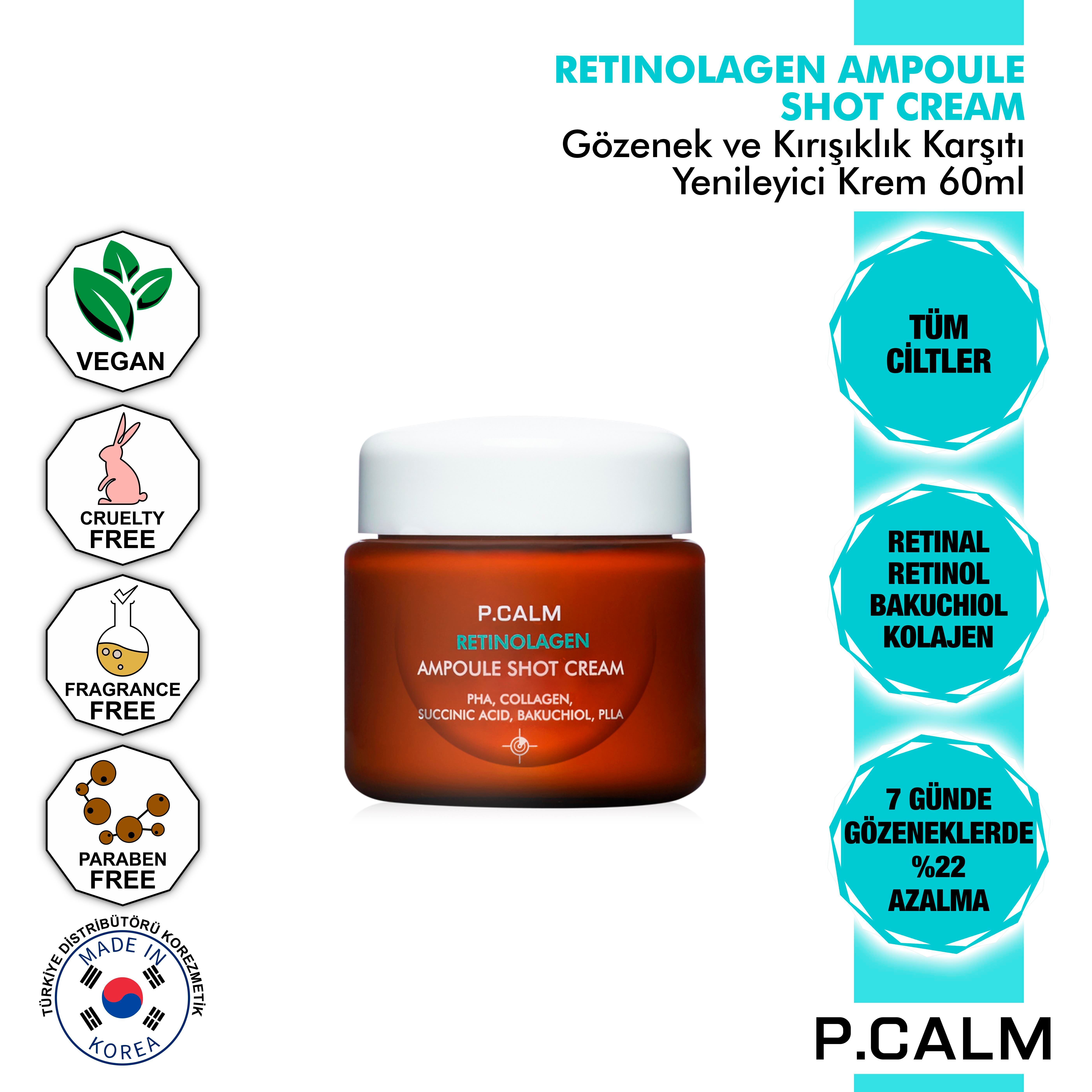 P.Calm Retinal, Retinol, Bakuchiol ve Kolajen içeren Kırışıklık ve Gözenek Karşıtı Yenileyici Retinolagen Shot Krem - 60ml