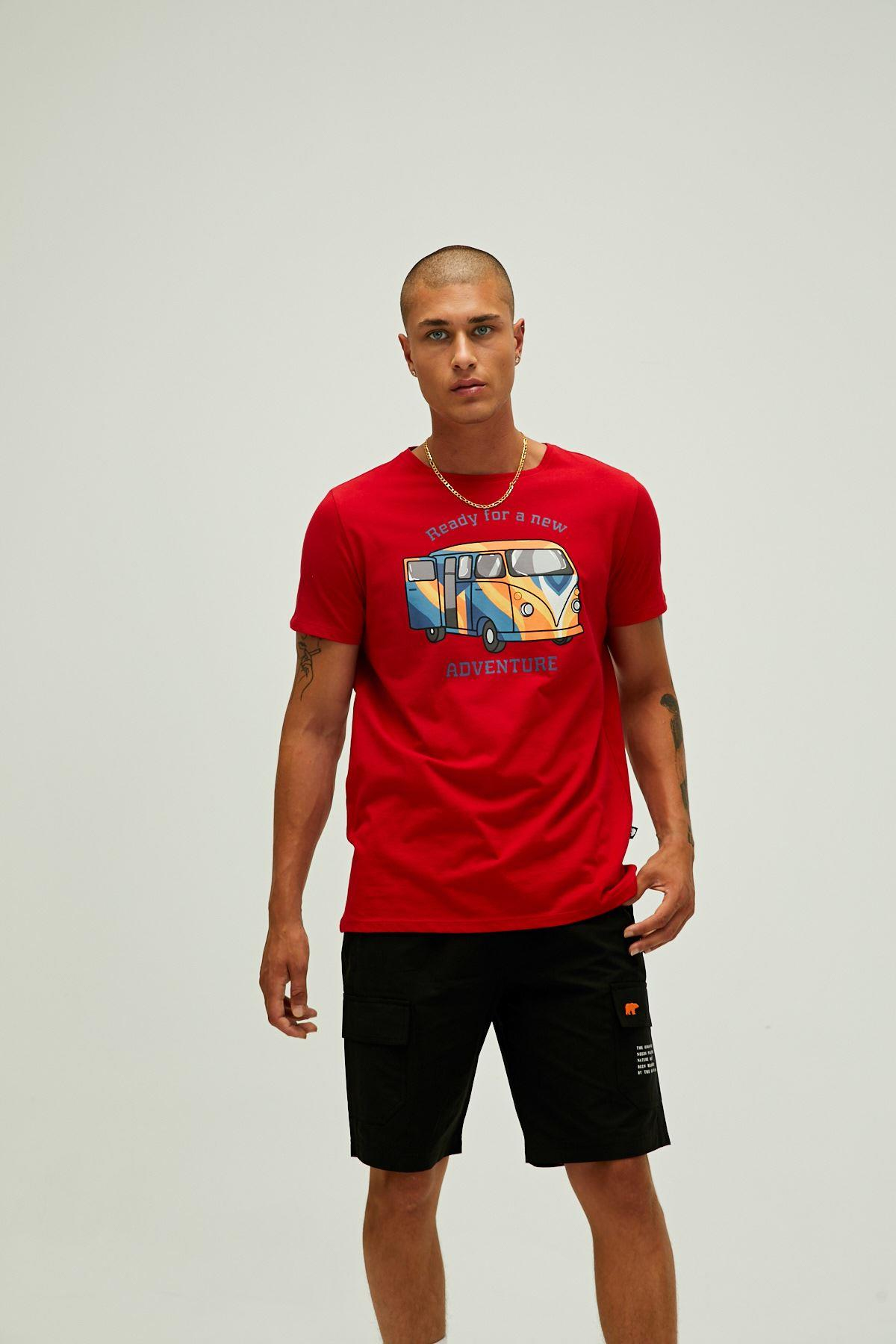 Bad Bear Adventure T-Shirt Erkek Kirmizi Bisiklet Yaka Tshirt