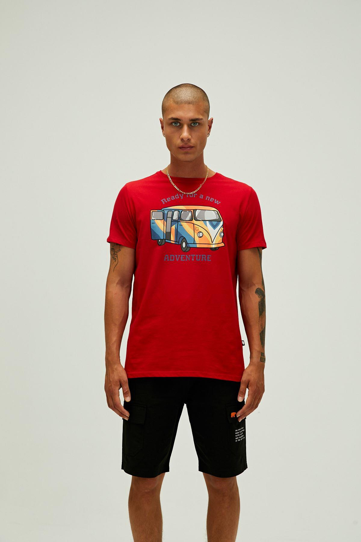 Bad Bear Adventure T-Shirt Erkek Kirmizi Bisiklet Yaka Tshirt