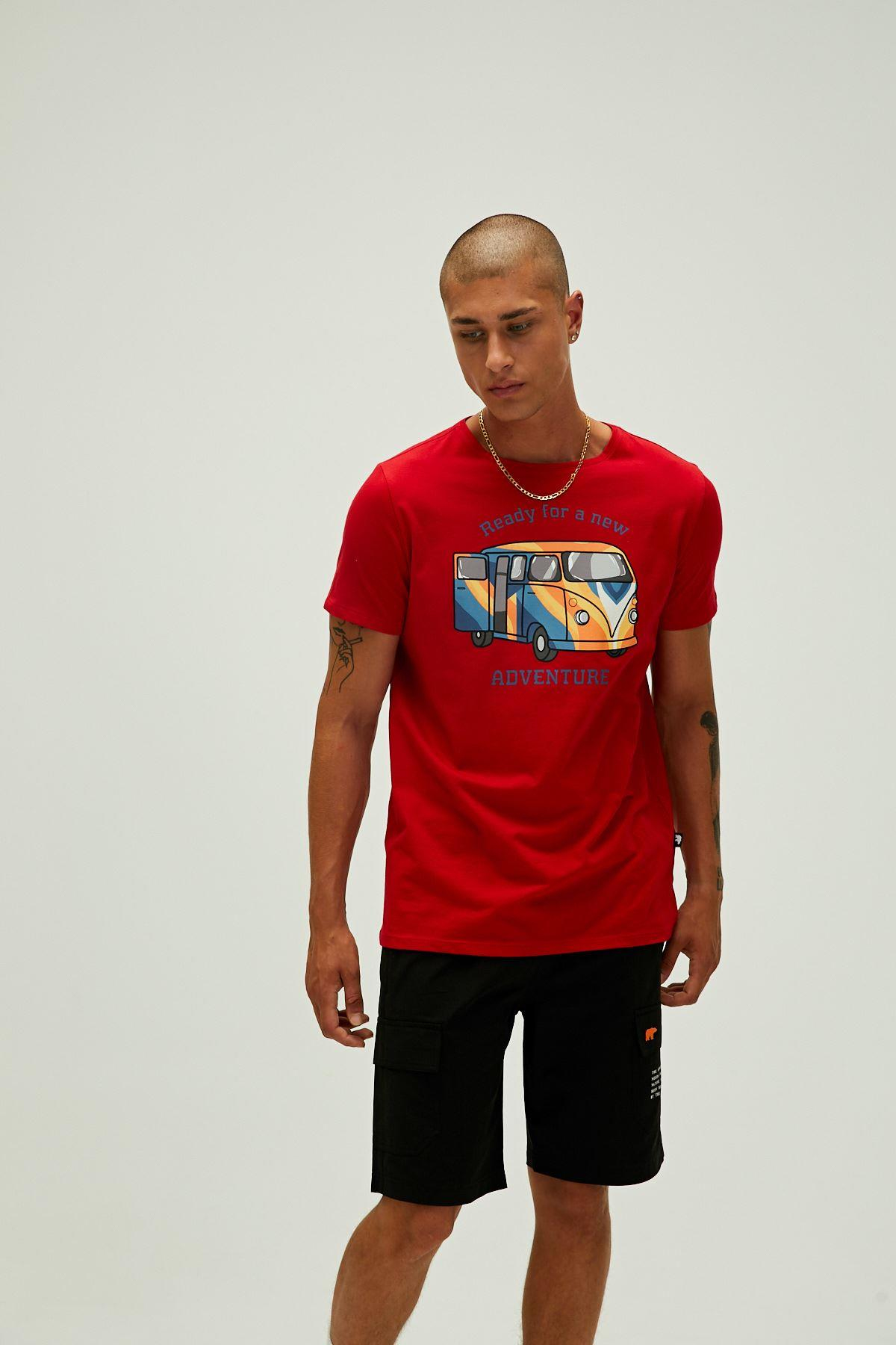 Bad Bear Adventure T-Shirt Erkek Kirmizi Bisiklet Yaka Tshirt