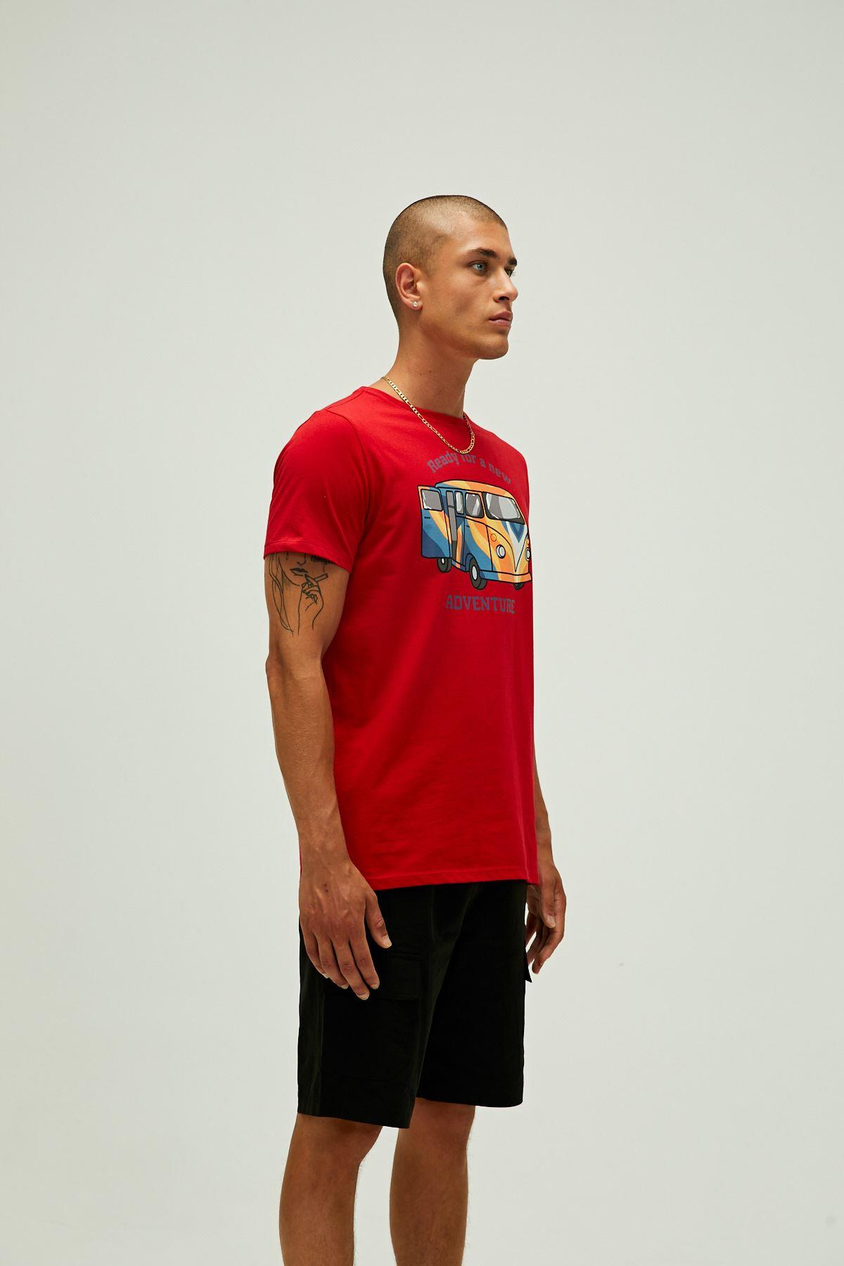 Bad Bear Adventure T-Shirt Erkek Kirmizi Bisiklet Yaka Tshirt