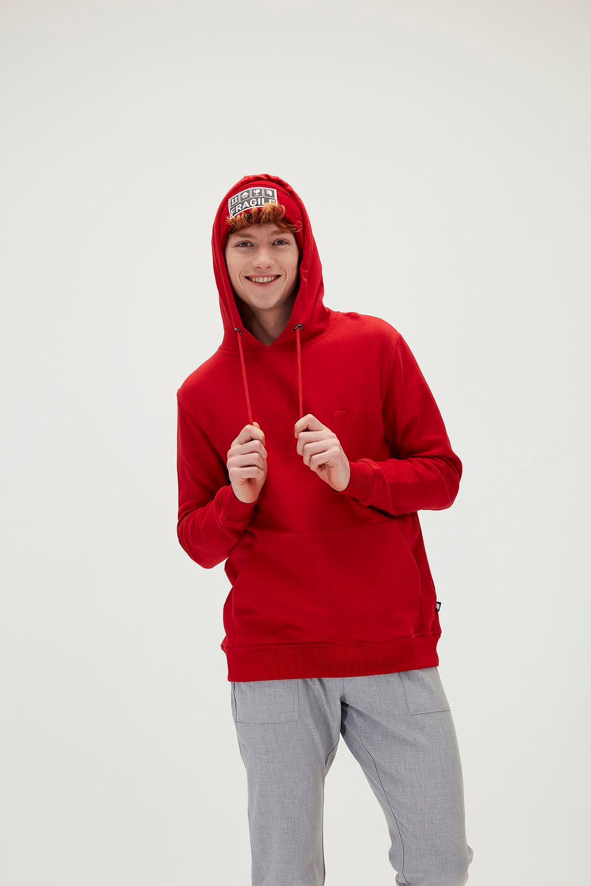 Bad Bear Badge Hoodie Erkek Kirmizi Kapşonlu Sweat