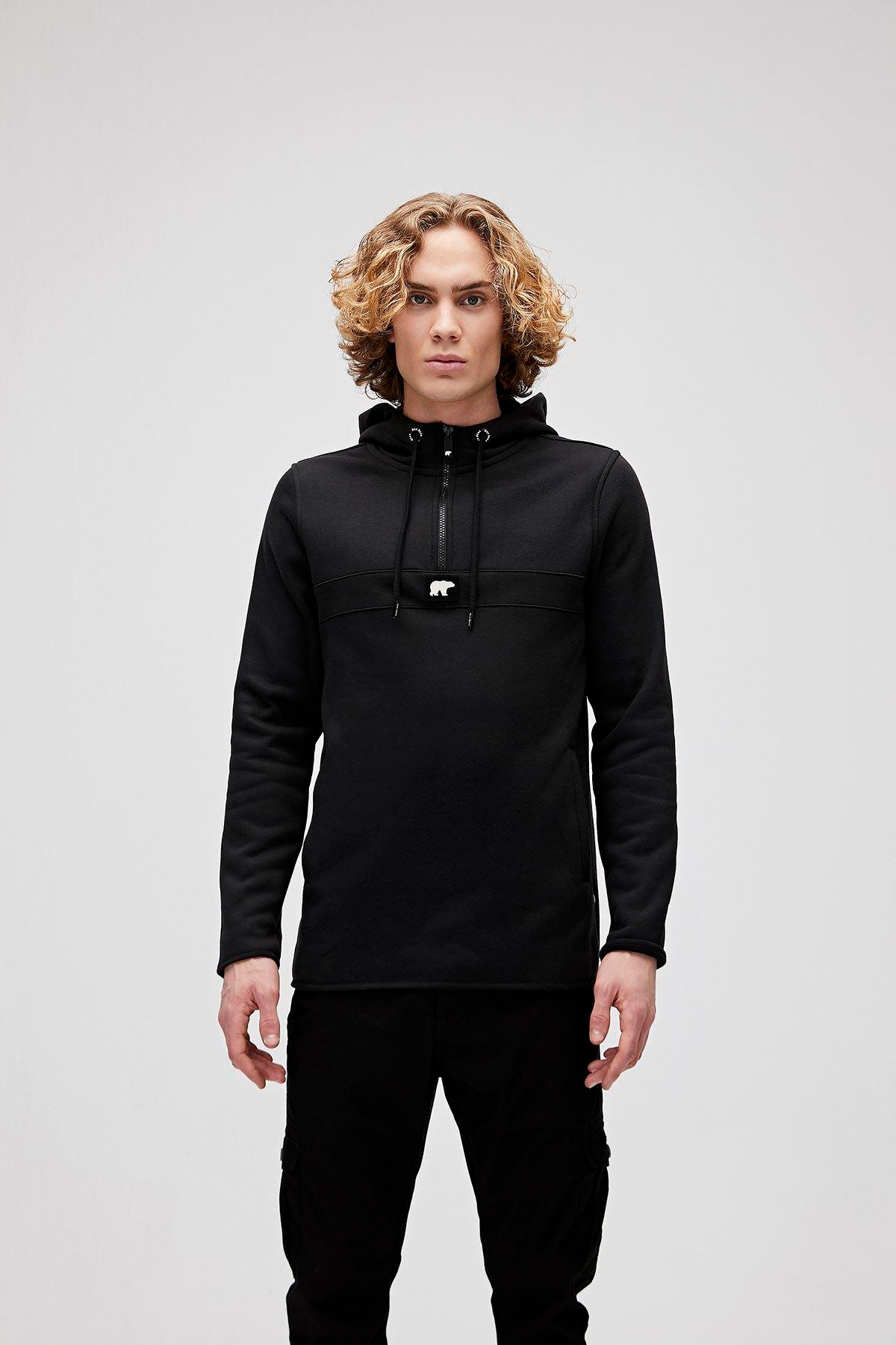 Bad Bear Defence Half-Zip Hoodie Erkek Siyah Yarım Fermuarlı Sweat