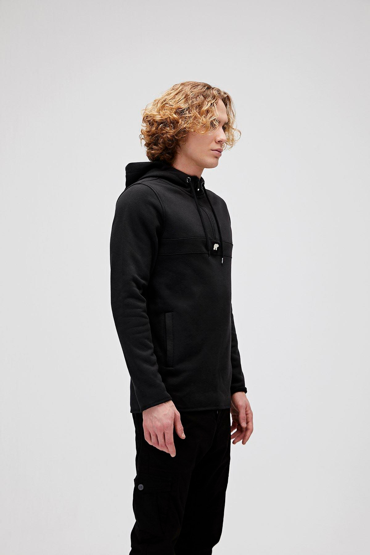 Bad Bear Defence Half-Zip Hoodie Erkek Siyah Yarım Fermuarlı Sweat