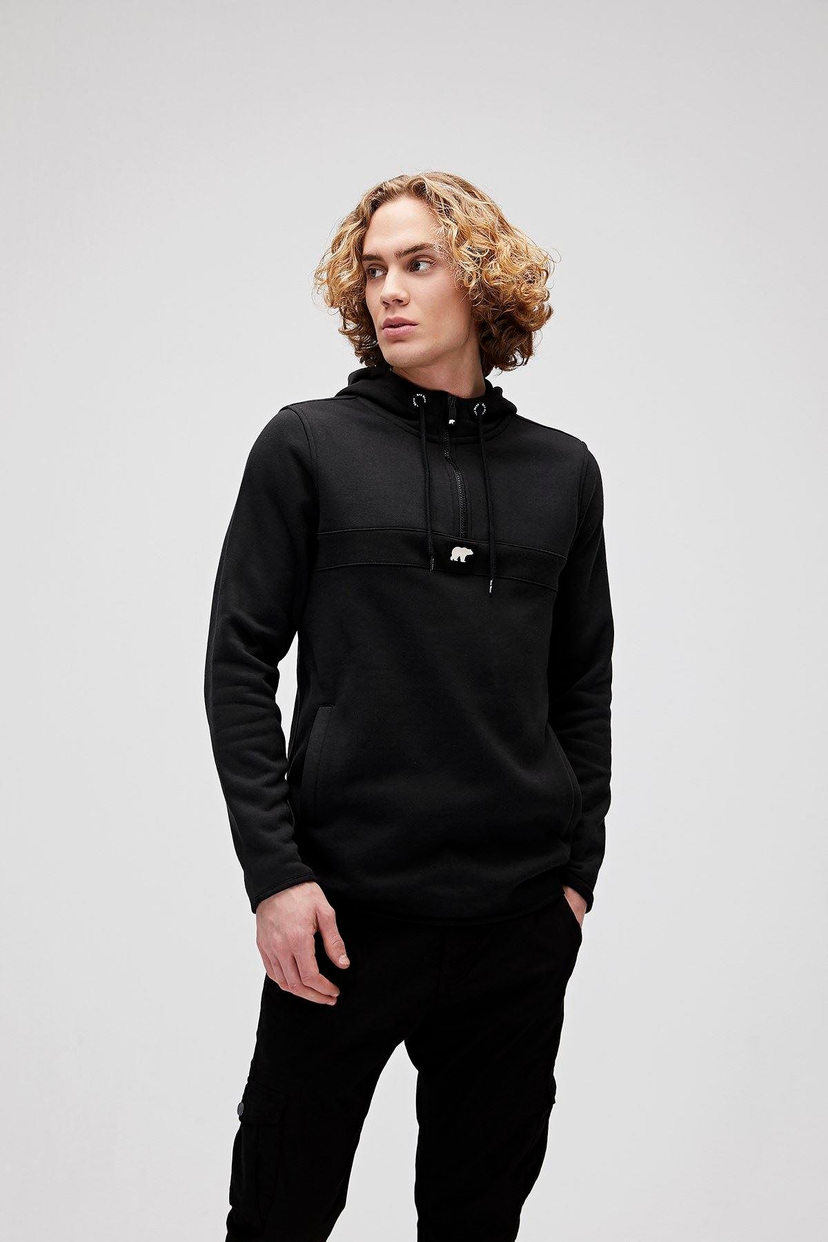 Bad Bear Defence Half-Zip Hoodie Erkek Siyah Yarım Fermuarlı Sweat