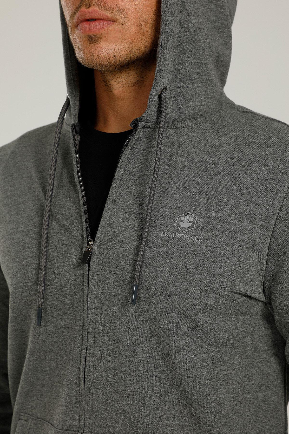 Lumberjack 1W Sn72 Basic Hoodie Full Zip 1Pr Erkek Gri Melanj Sweatshirt