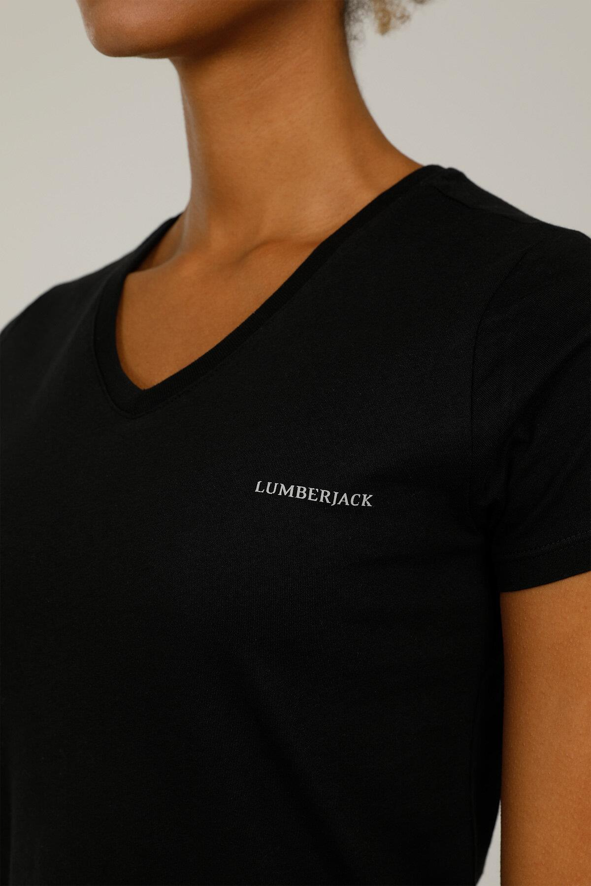 Lumberjack 2M Ct126 Basic V Neck T-Shirt 2Fx Kadın Siyah Bisiklet Yaka Tshirt