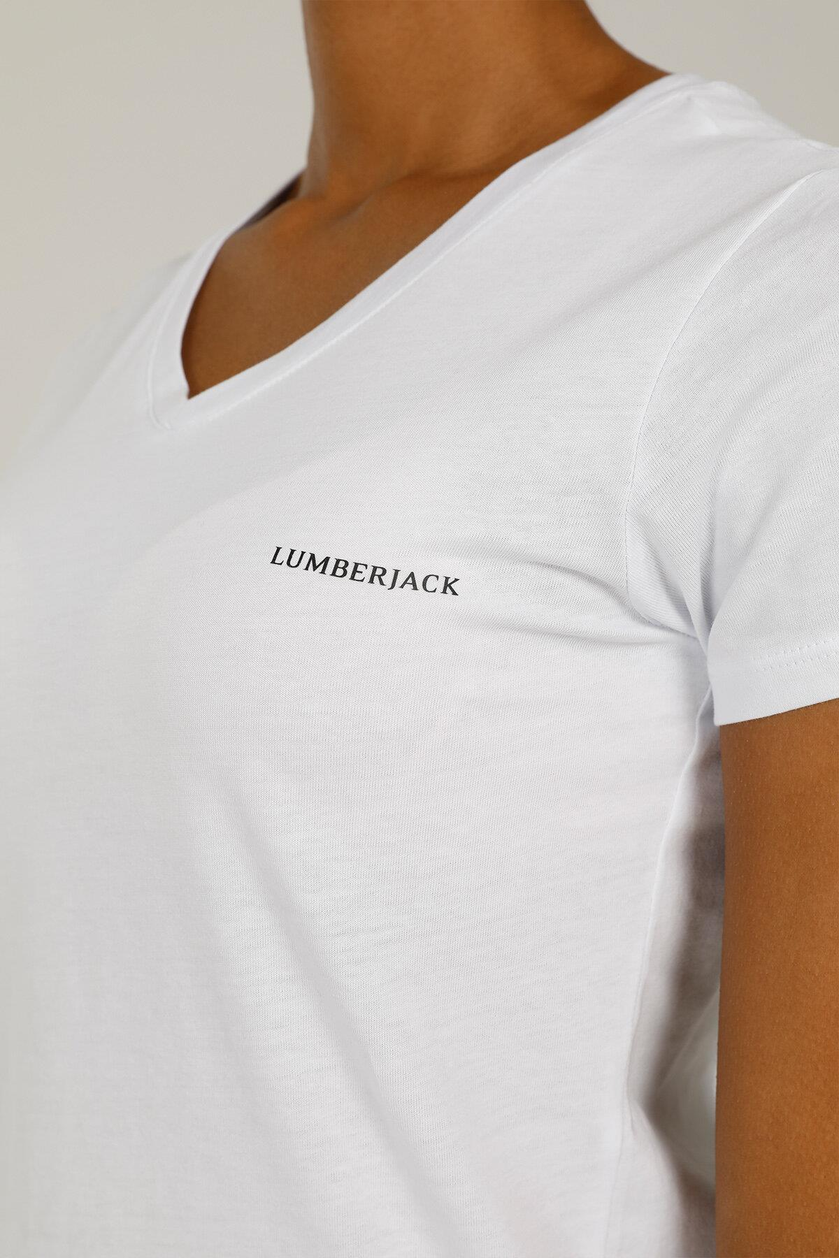 Lumberjack 2M Ct126 Basic V Neck T-Shirt 2Fx Kadın Beyaz Bisiklet Yaka Tshirt