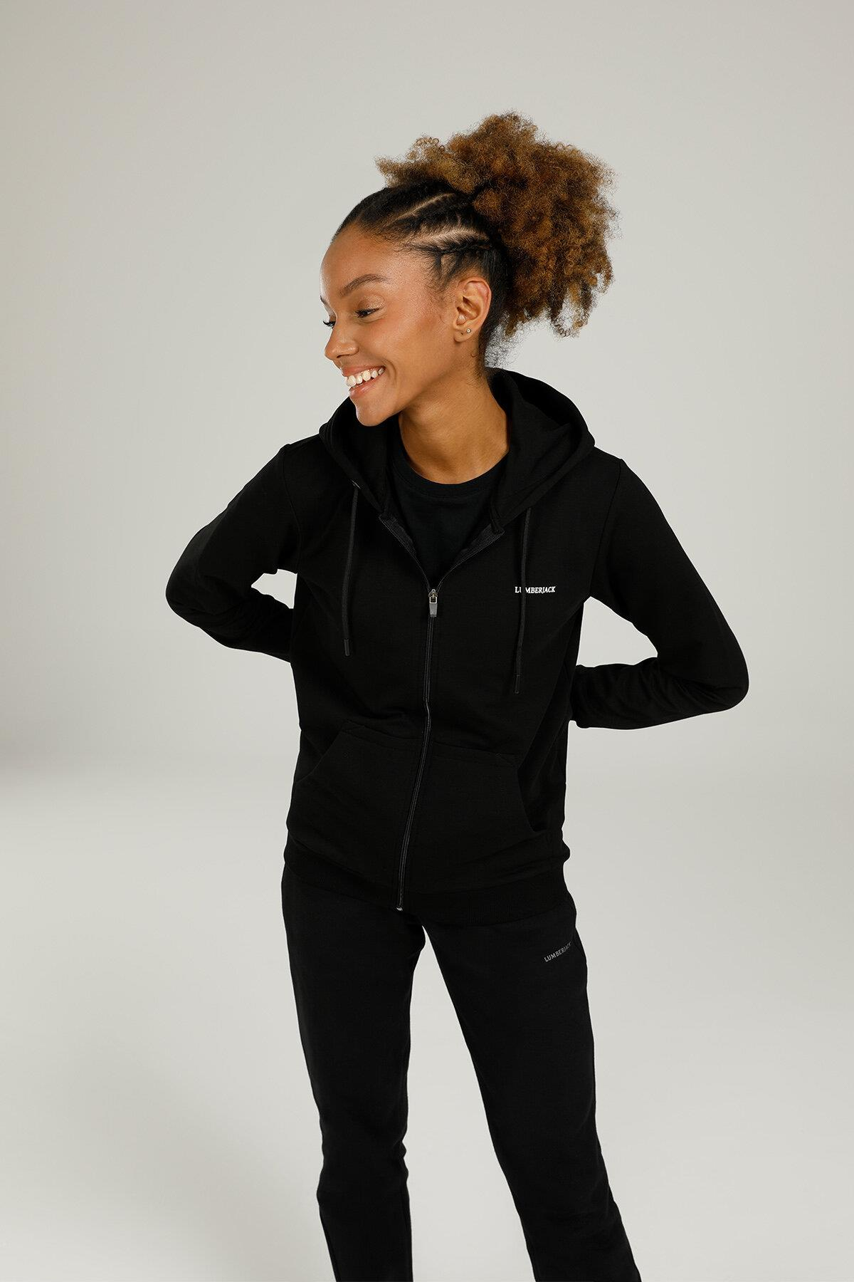 Lumberjack 2M Sn77 Basic Full Zip Hoodie 2Fx Kadın Siyah Tam Fermuarlı Sweat