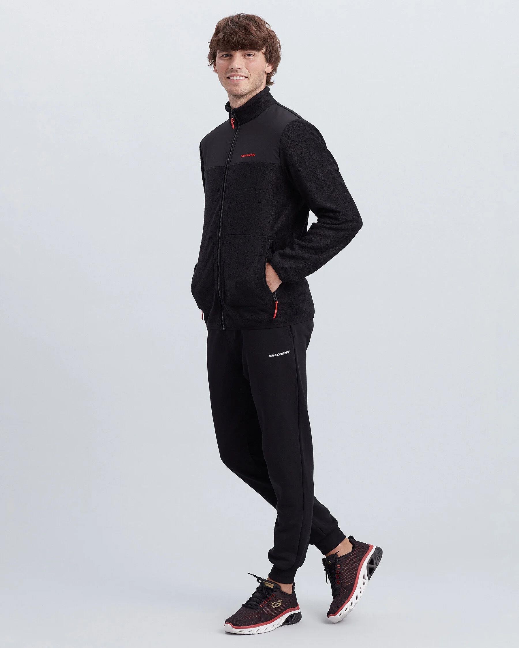 Skechers M Woven Panel Full Zip Polar Erkek Siyah Polar