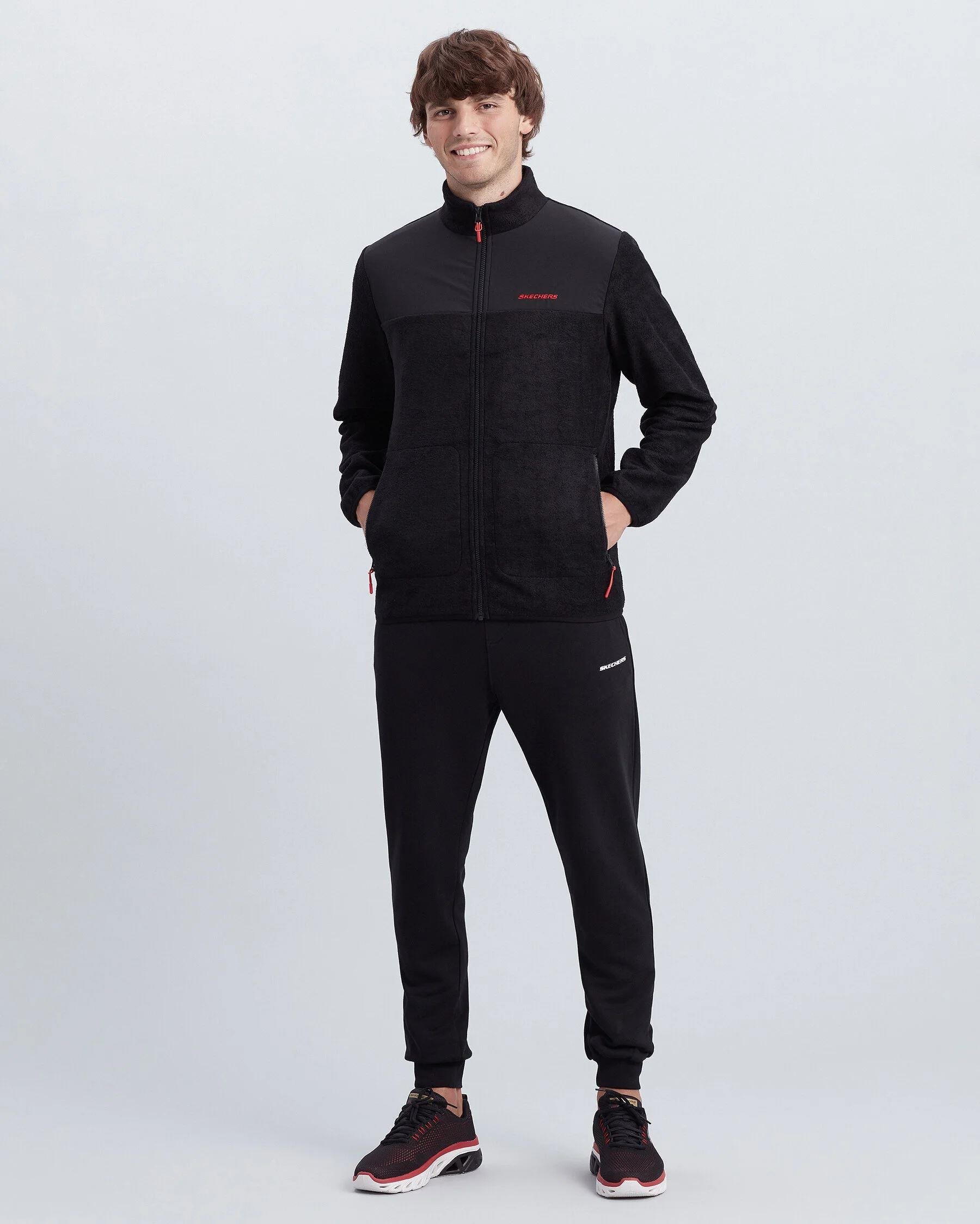Skechers M Woven Panel Full Zip Polar Erkek Siyah Polar