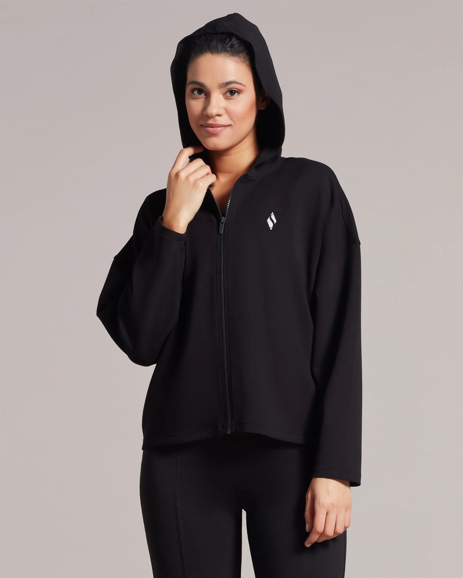 Skechers W Soft Touch Shinny Logo Full Zip Hoodie Sweatshirt Kadın Siyah Tam Fermuarlı Sweat