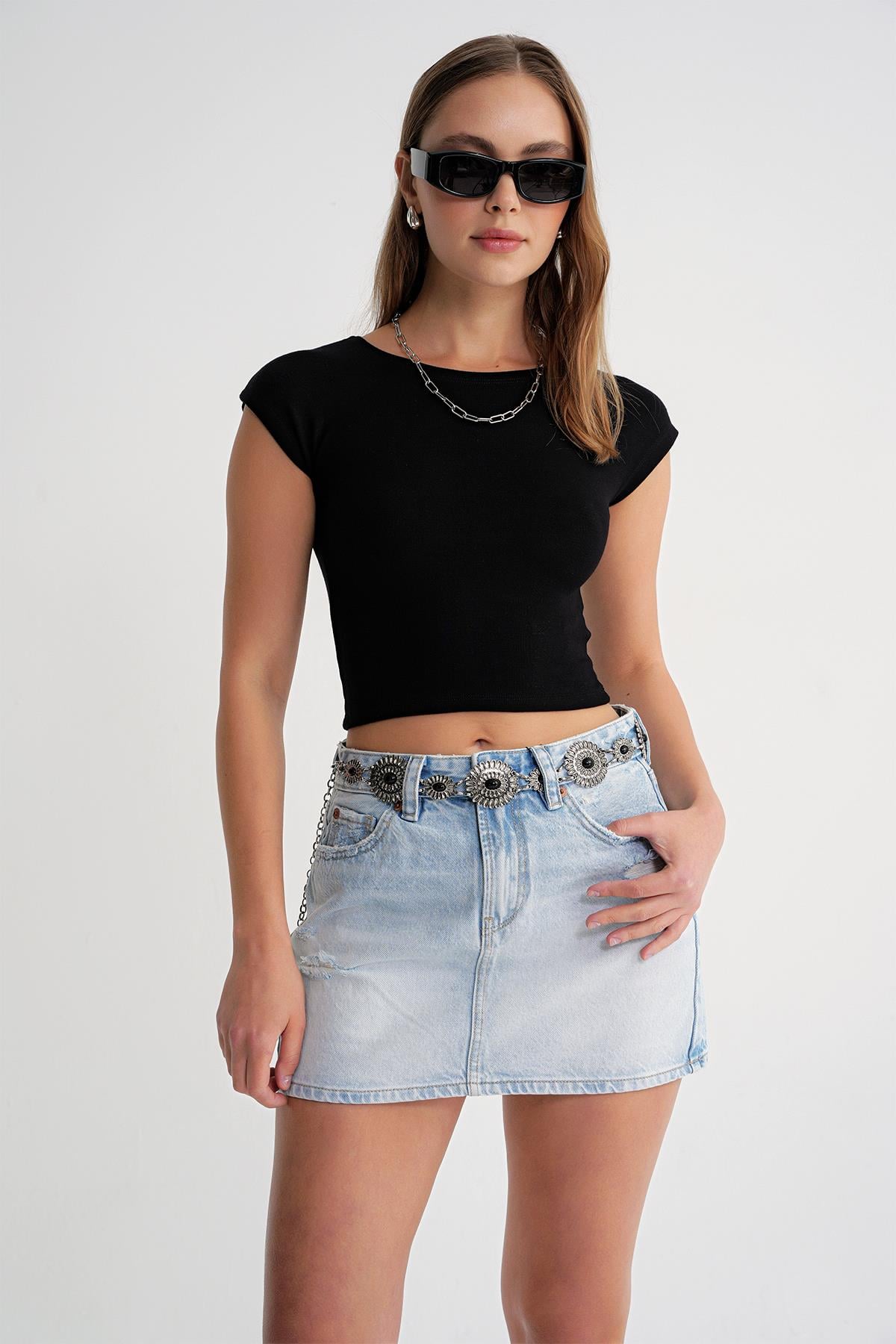 2009 Kadın Vücuda Oturan Basic Crop T-Shirt Siyah