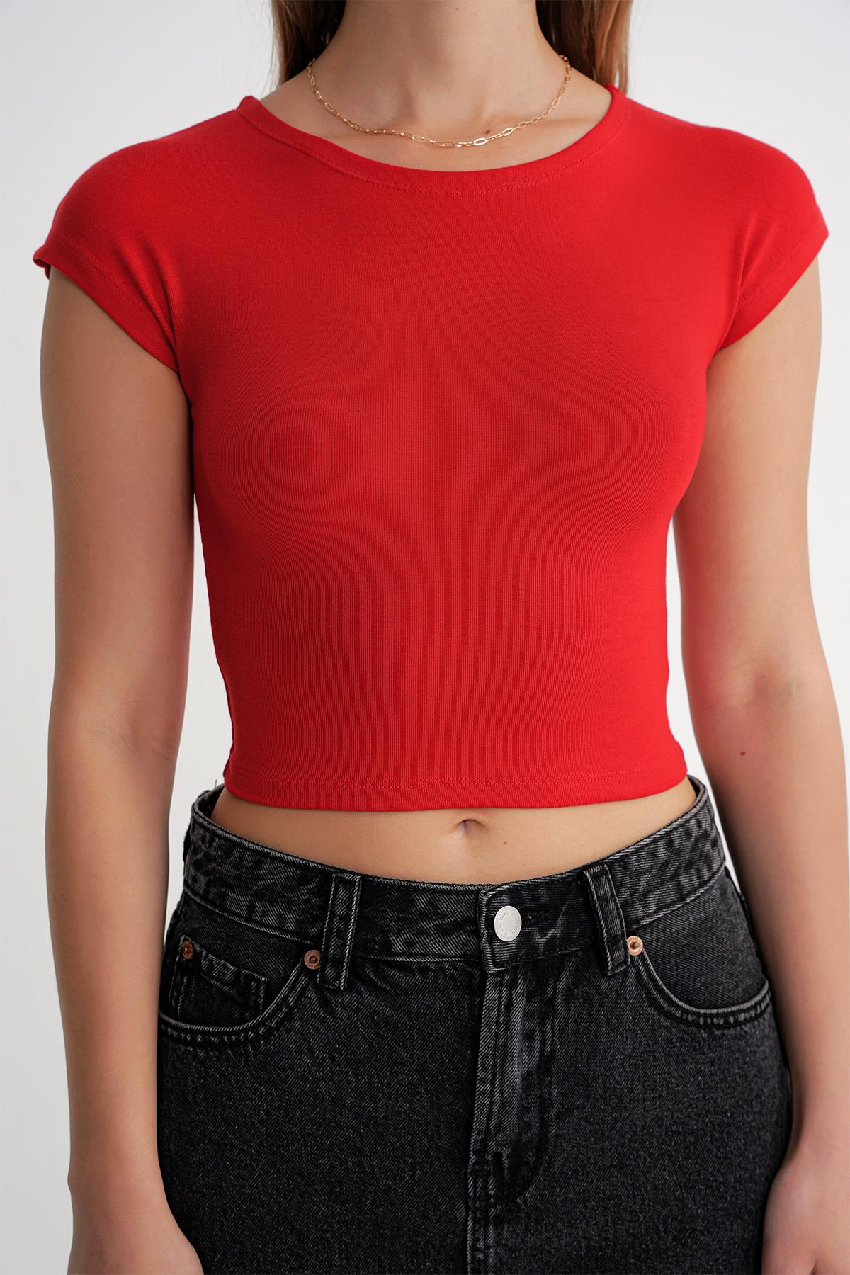 2009 Kadın Vücuda Oturan Basic Crop T-Shirt Kırmızı