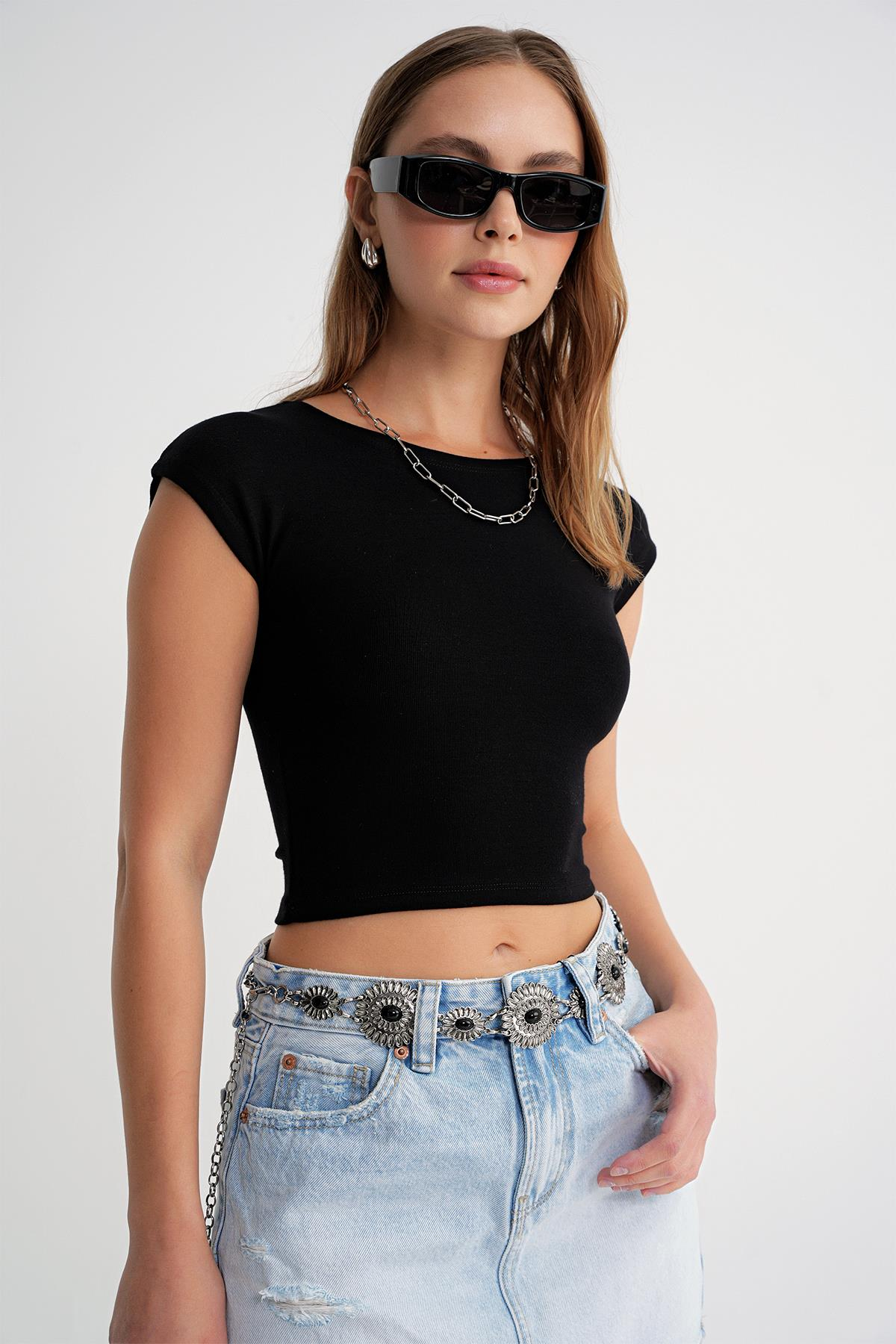 2009 Kadın Vücuda Oturan Basic Crop T-Shirt Siyah