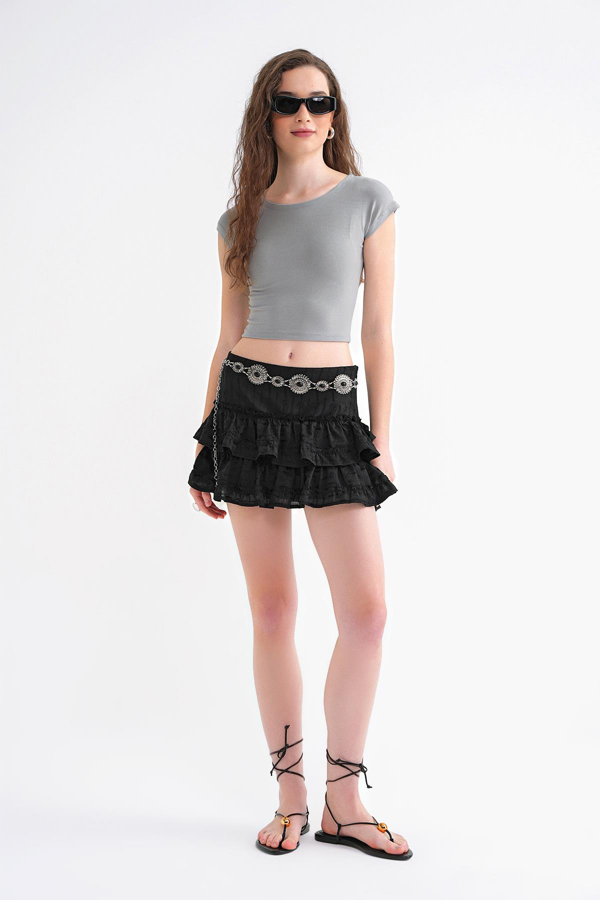 2009 Kadın Vücuda Oturan Basic Crop T-Shirt Gri