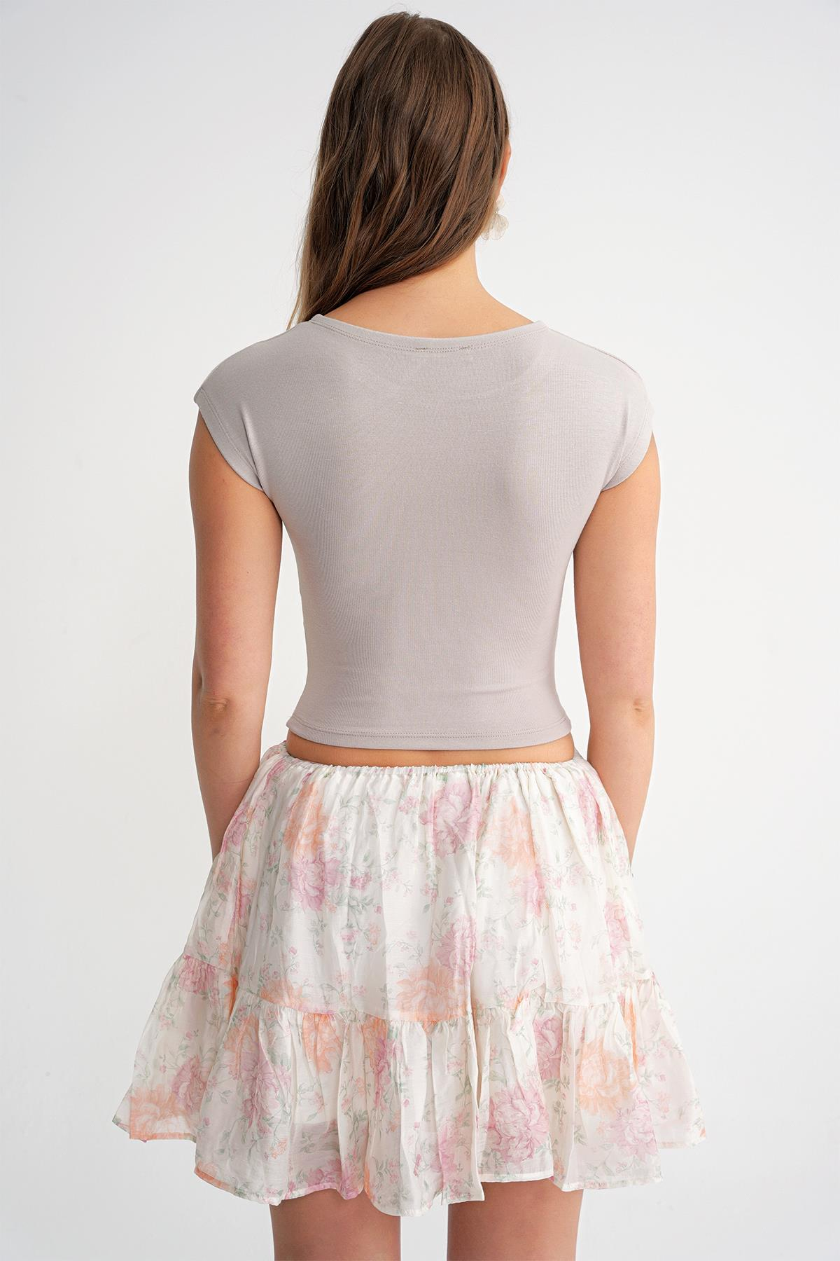 2009 Kadın Vücuda Oturan Basic Crop T-Shirt Taş
